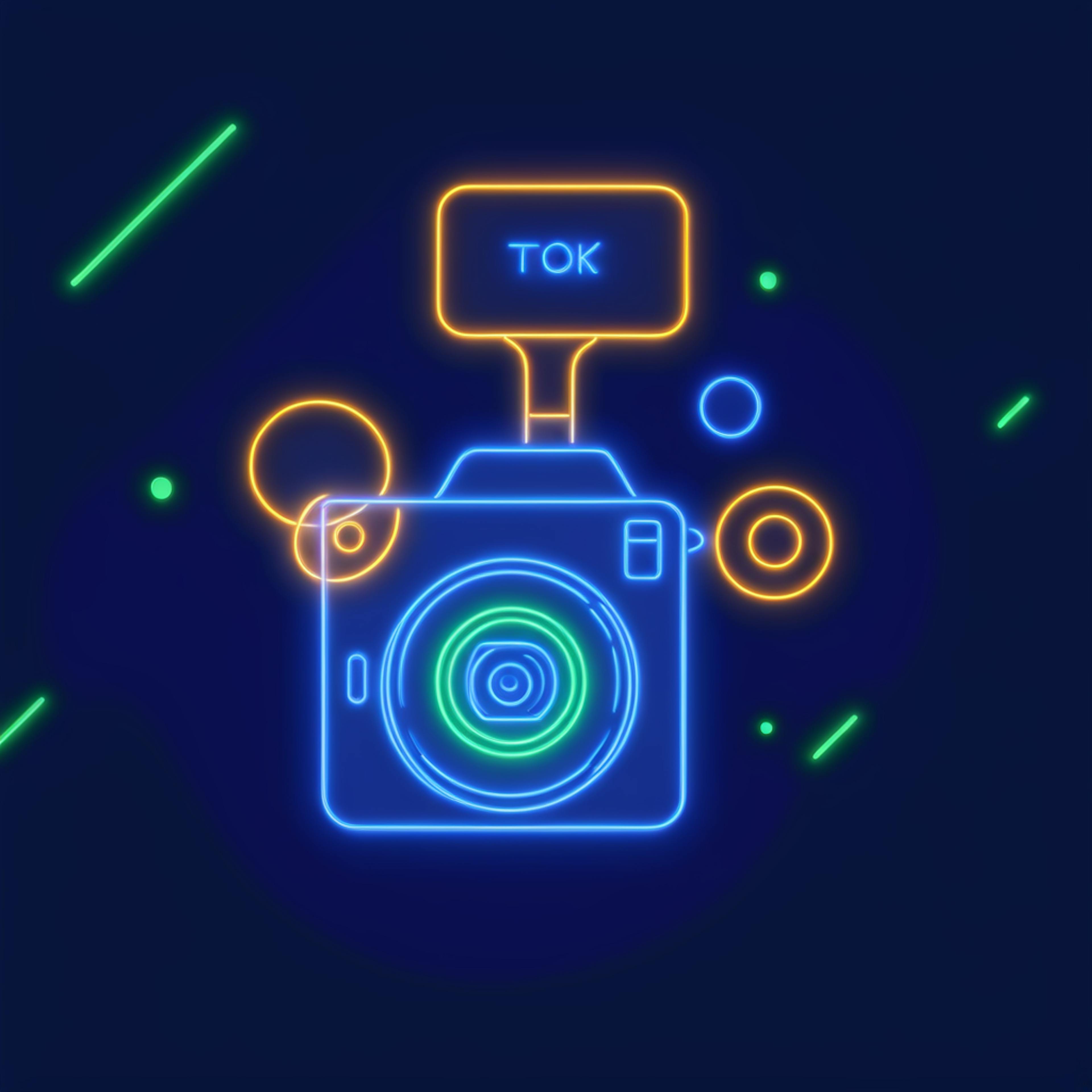 A modern neon camera icon with a display marked "TOK," showcasing the potential of "how to use AI to improve video quality" in content creation and social media platforms.