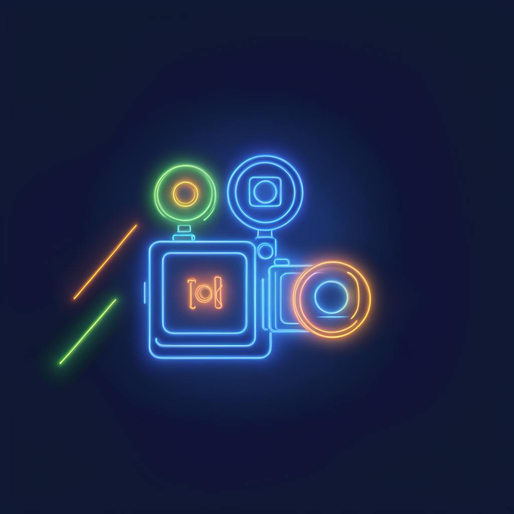 A vibrant neon depiction of a retro video camera with circular and linear accents, representing the integration of "how to use AI to improve video quality" in professional filmmaking.