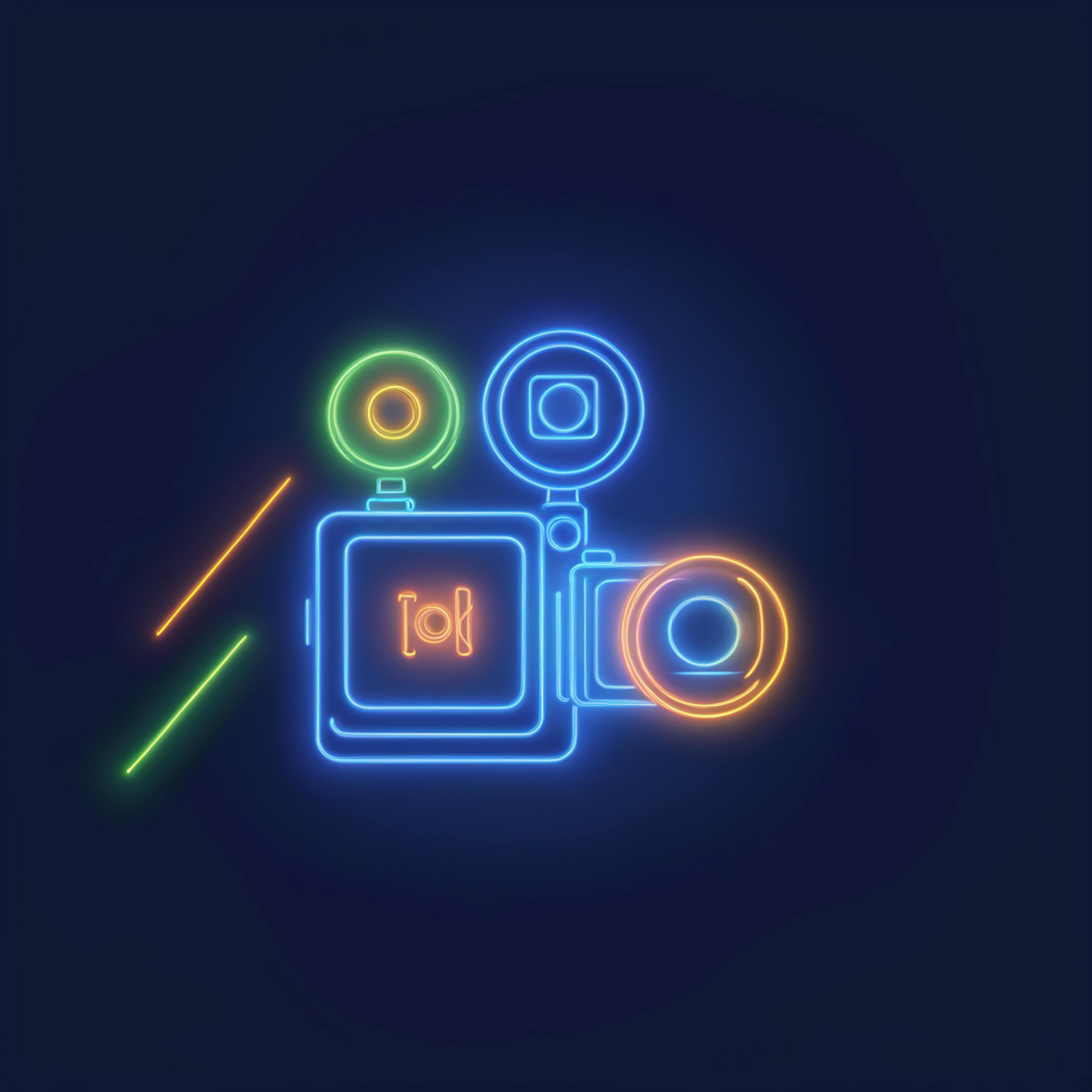 A vibrant neon depiction of a retro video camera with circular and linear accents, representing the integration of "how to use AI to improve video quality" in professional filmmaking.