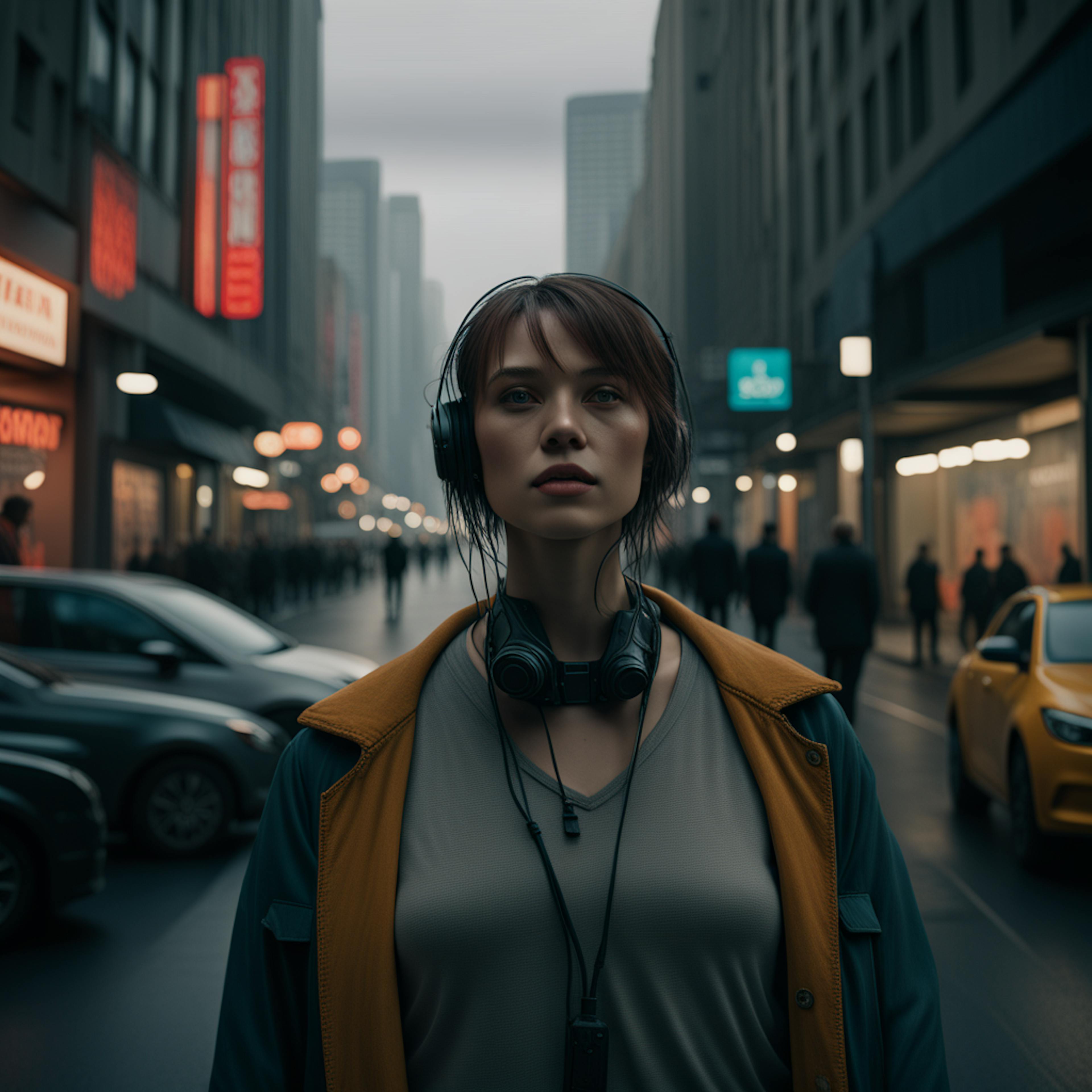 A young woman wearing headphones stands in a bustling city street, symbolizing focus and engagement, reflecting "how to use AI to improve content readability" by tailoring content to individual needs.