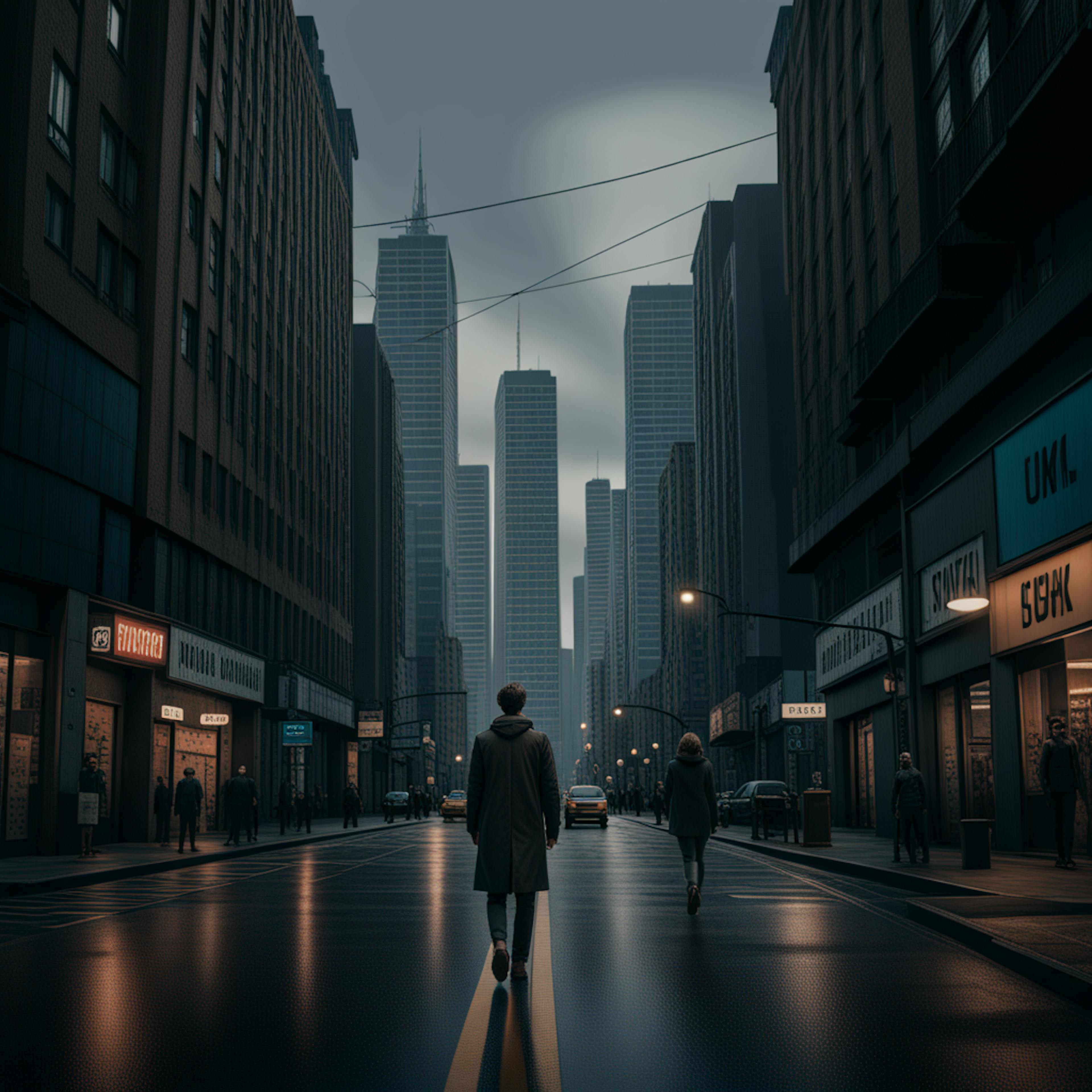 A figure walking along a symmetrical cityscape with towering buildings, representing clarity and direction, much like the role of "how to use AI to improve content readability" in organizing information.