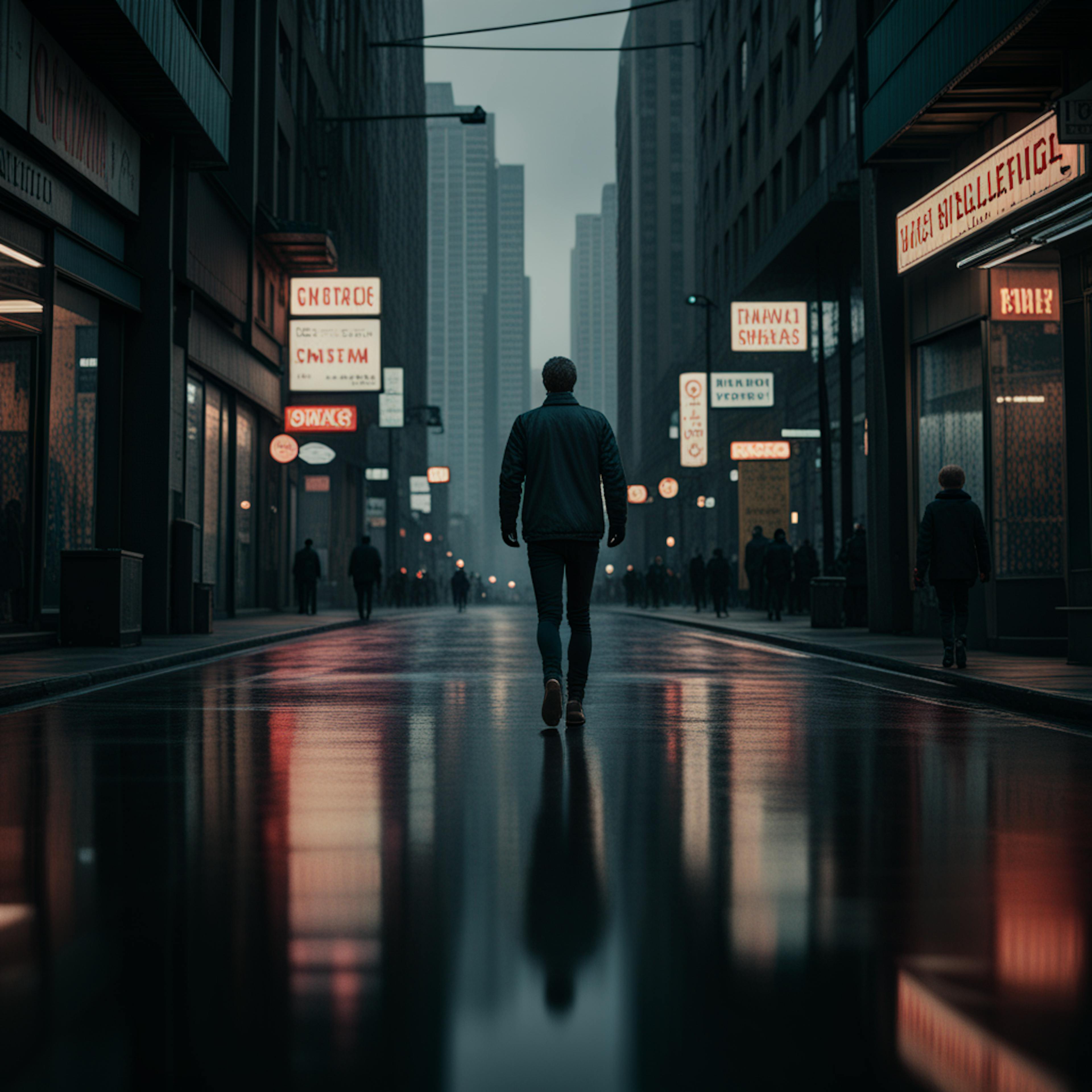 A lone figure walking down a wet, illuminated city street at night, evoking streamlined flow and atmosphere, akin to "how to use AI to improve content readability" by enhancing reader experience through precision