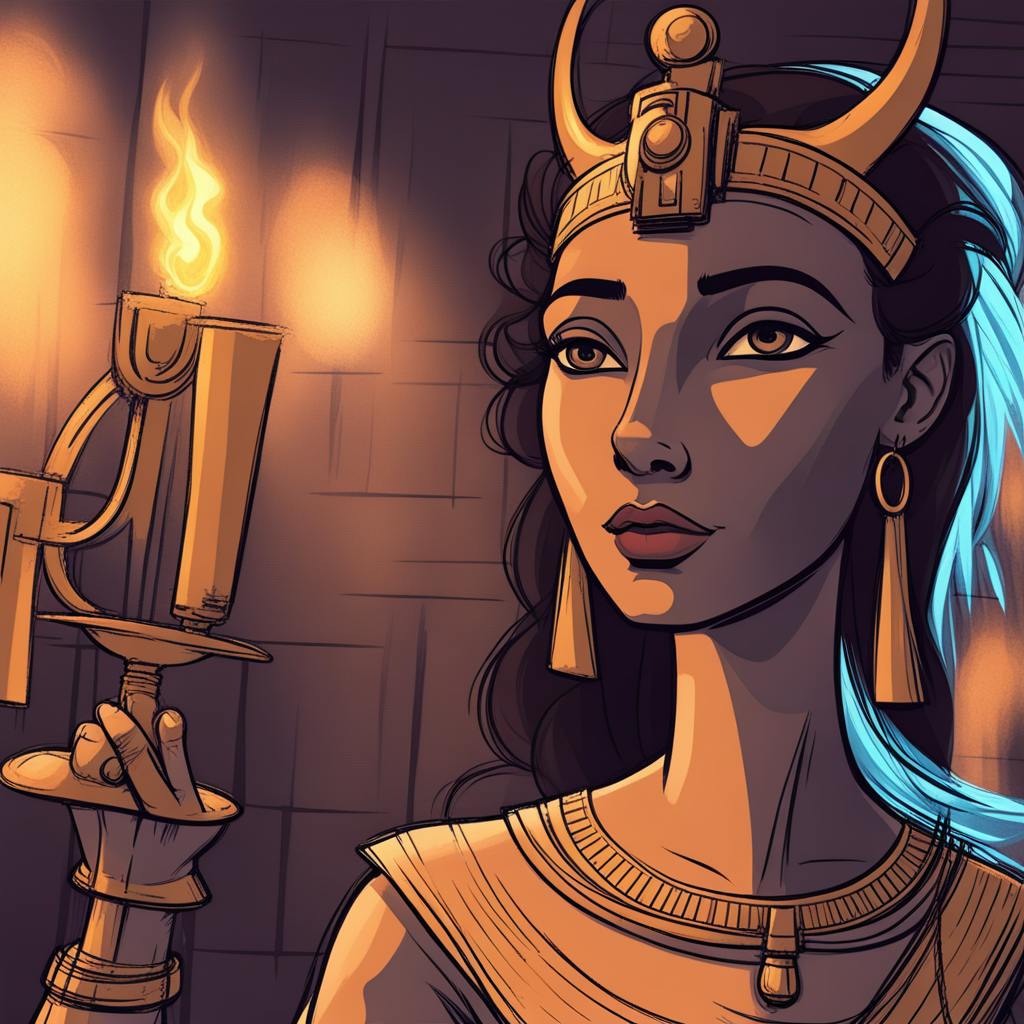 A striking depiction of an ancient queen holding a torch, with warm tones and symbolic details, representing "iconography examples" rooted in historical and mythical themes.