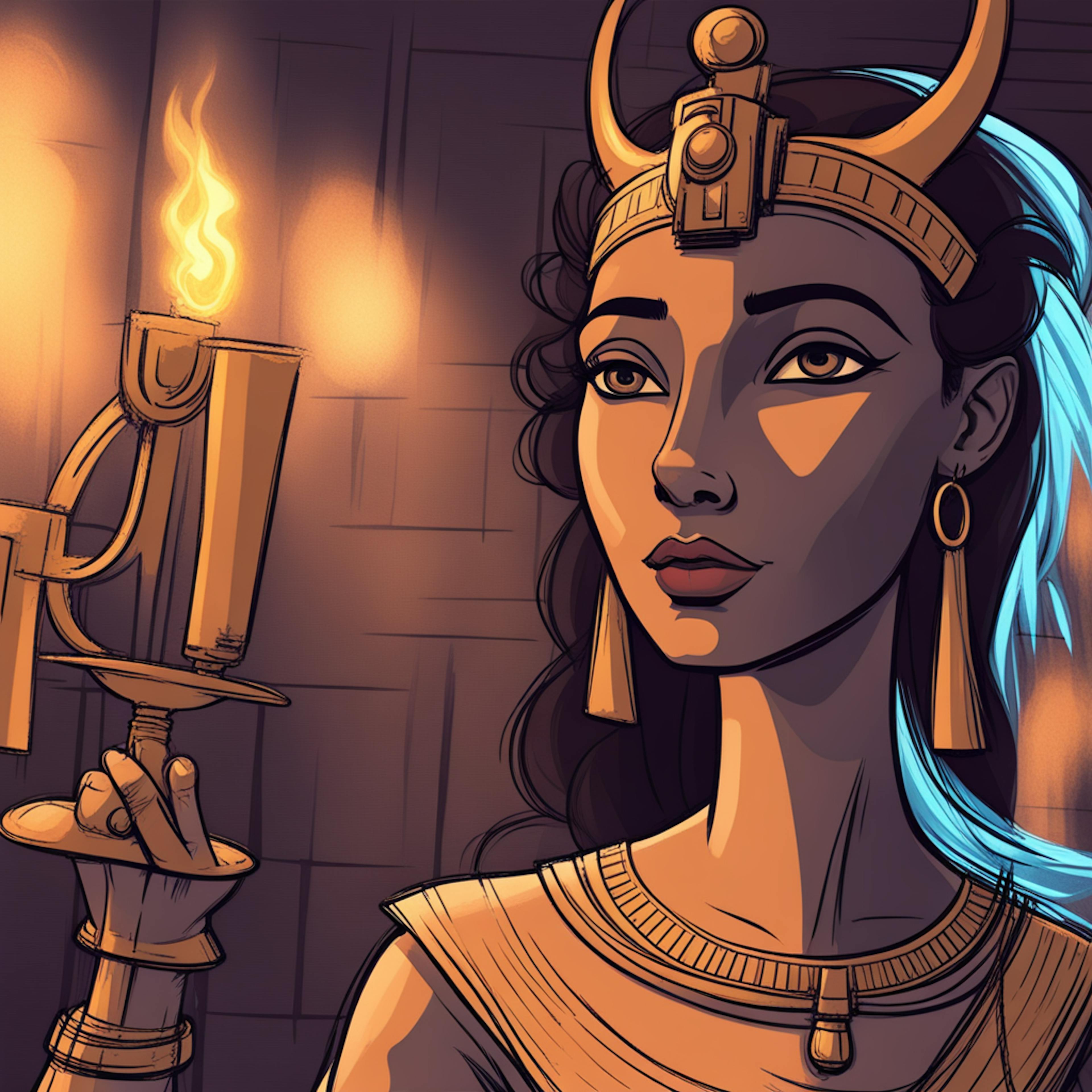 A striking depiction of an ancient queen holding a torch, with warm tones and symbolic details, representing "iconography examples" rooted in historical and mythical themes.