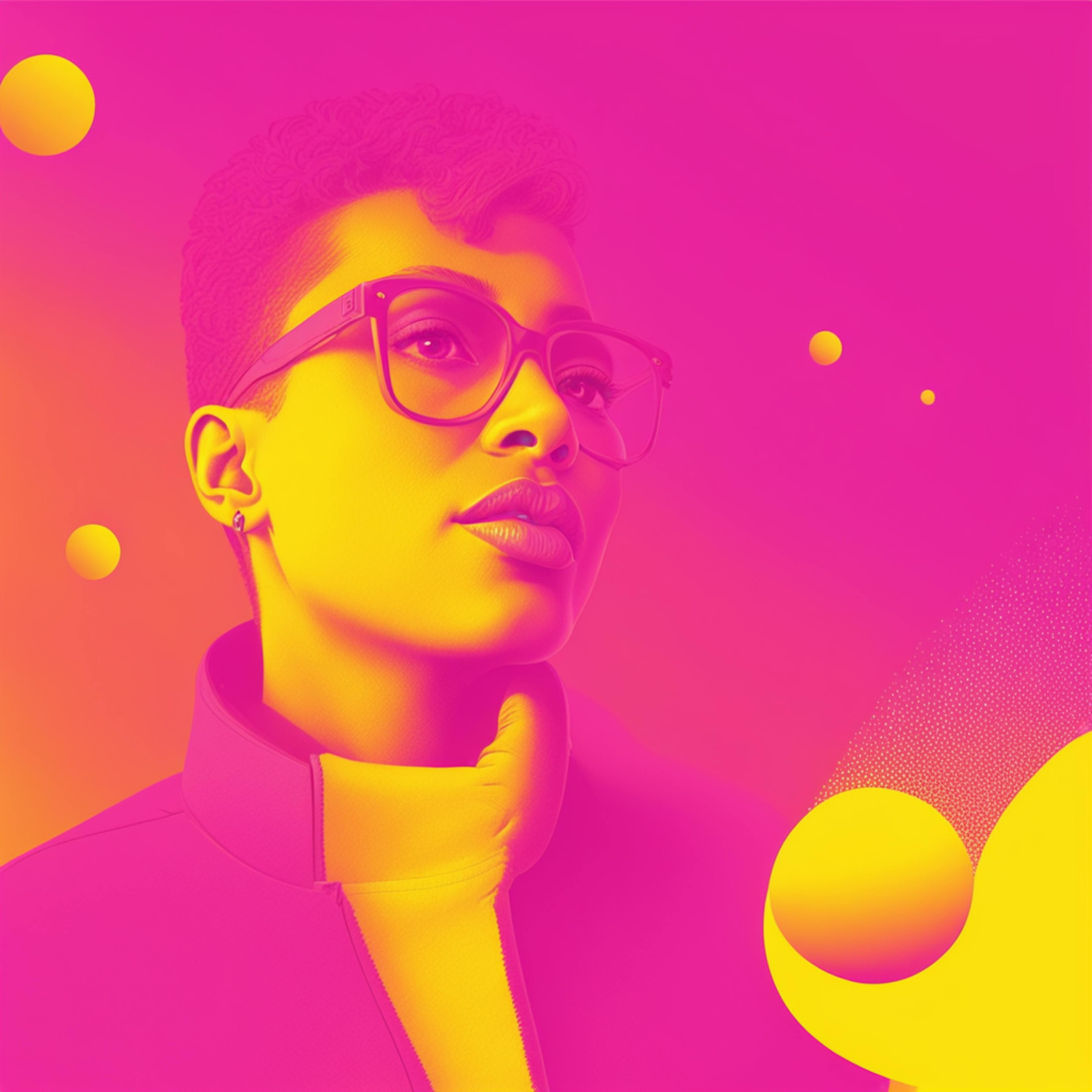 A modern portrait of a woman with glasses and a turtleneck, framed by a vivid pink and yellow abstract background. This image showcases composition in art through its strategic use of contrasting colors and geometric design, drawing attention to her face.