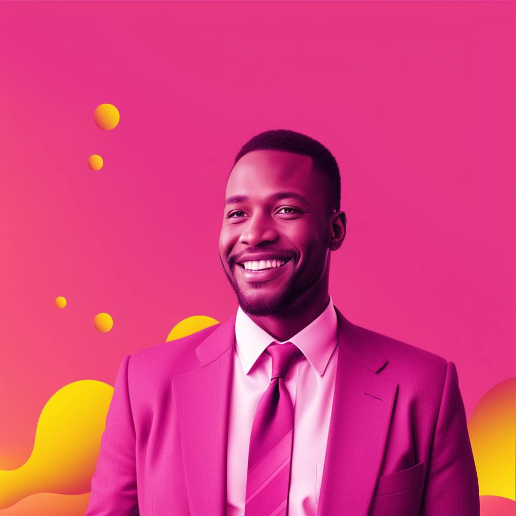 A dynamic portrait of a confident man in a suit and tie, surrounded by bold pink and yellow tones. The composition in art here highlights balance and harmony through the interplay of vivid colors and minimalistic shapes.