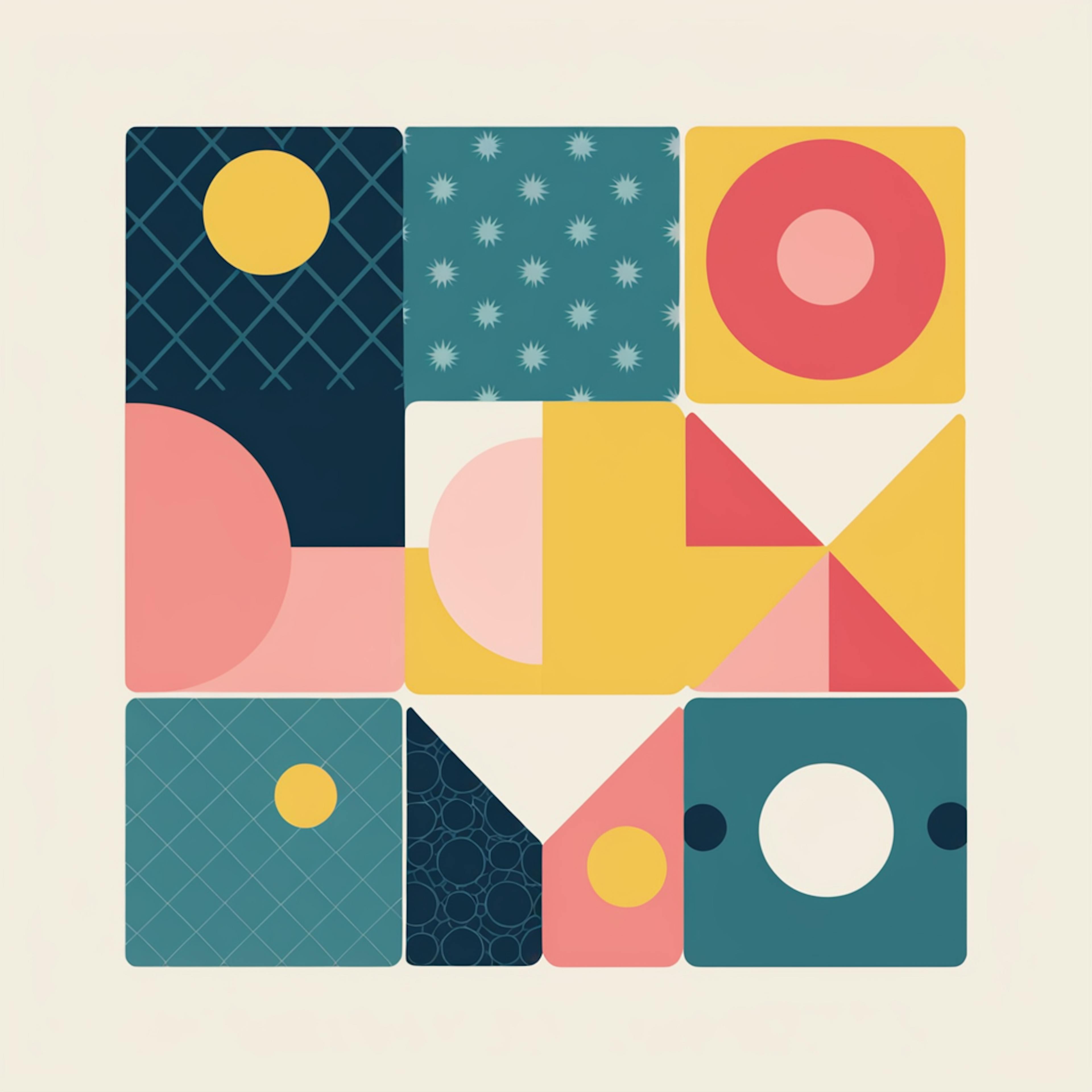 A minimalist collage art design showcasing a grid of geometric patterns, including circles, triangles, and textured backgrounds. The pastel and bold colors blend seamlessly for a modern aesthetic.