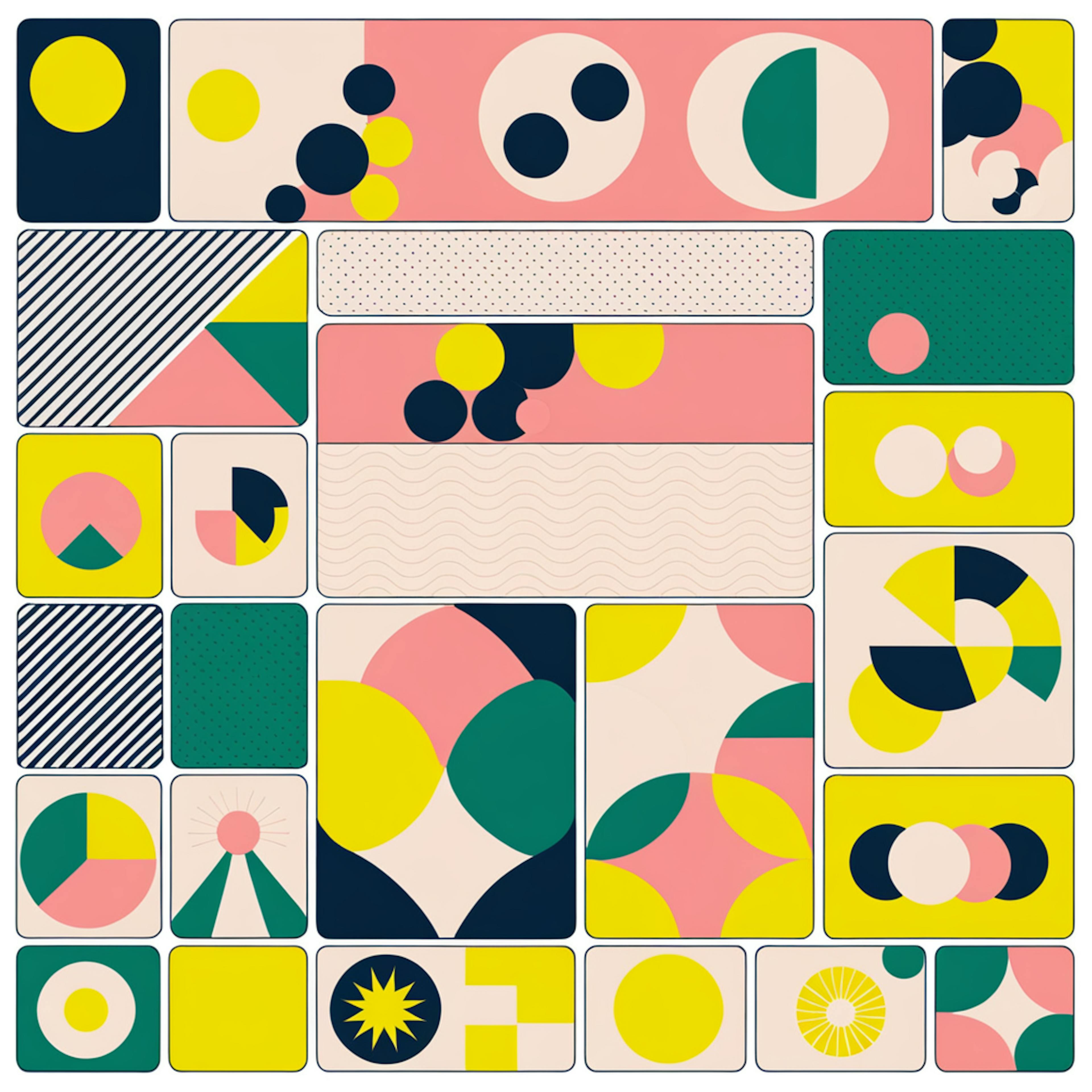 A vibrant collage art piece featuring geometric shapes in pink, yellow, green, and navy blue tones. The overlapping patterns and harmonious color palette create a visually dynamic composition.