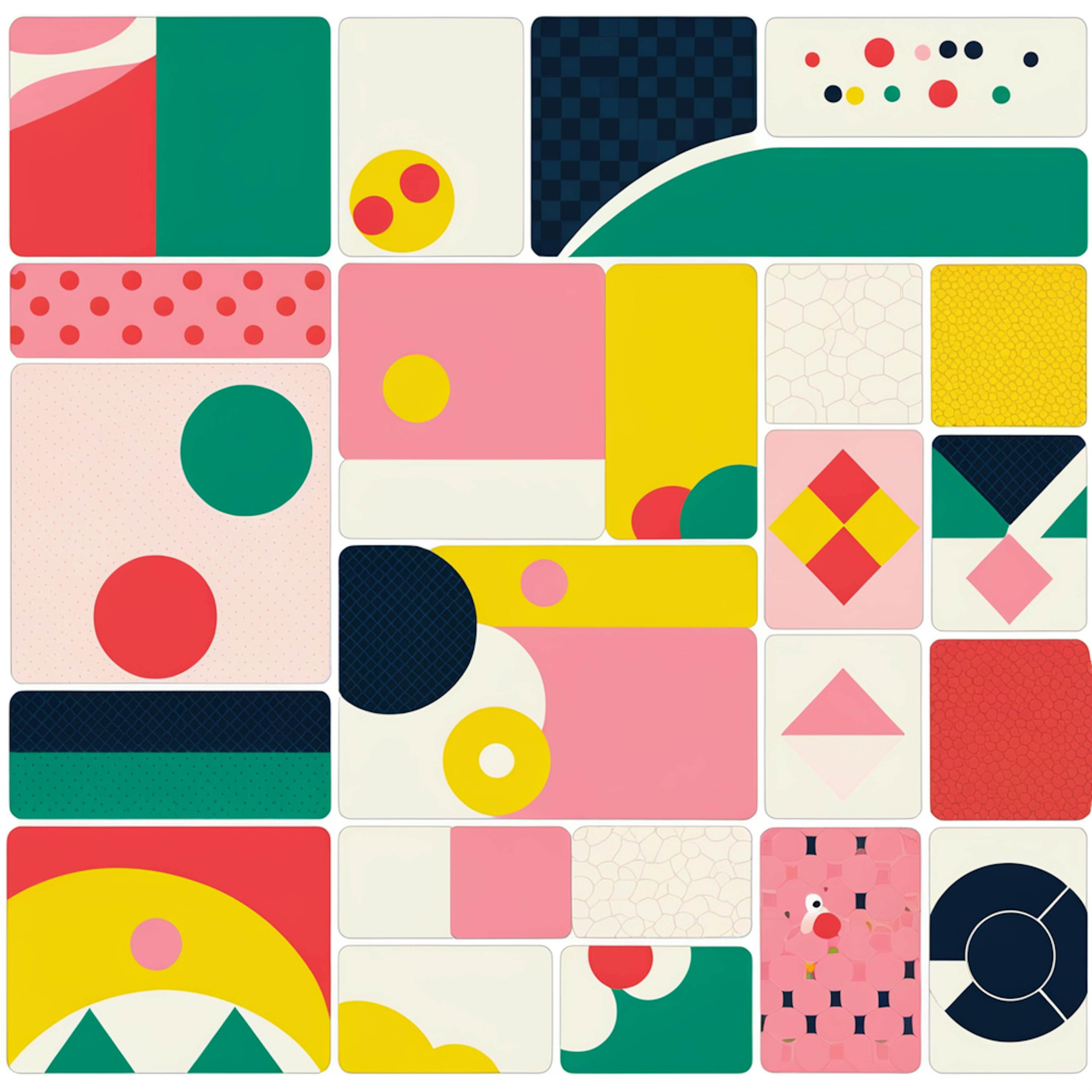 An eclectic collage art arrangement with various abstract shapes and patterns in pink, red, yellow, and green. The structured layout emphasizes balance and visual diversity, characteristic of collage art styles.