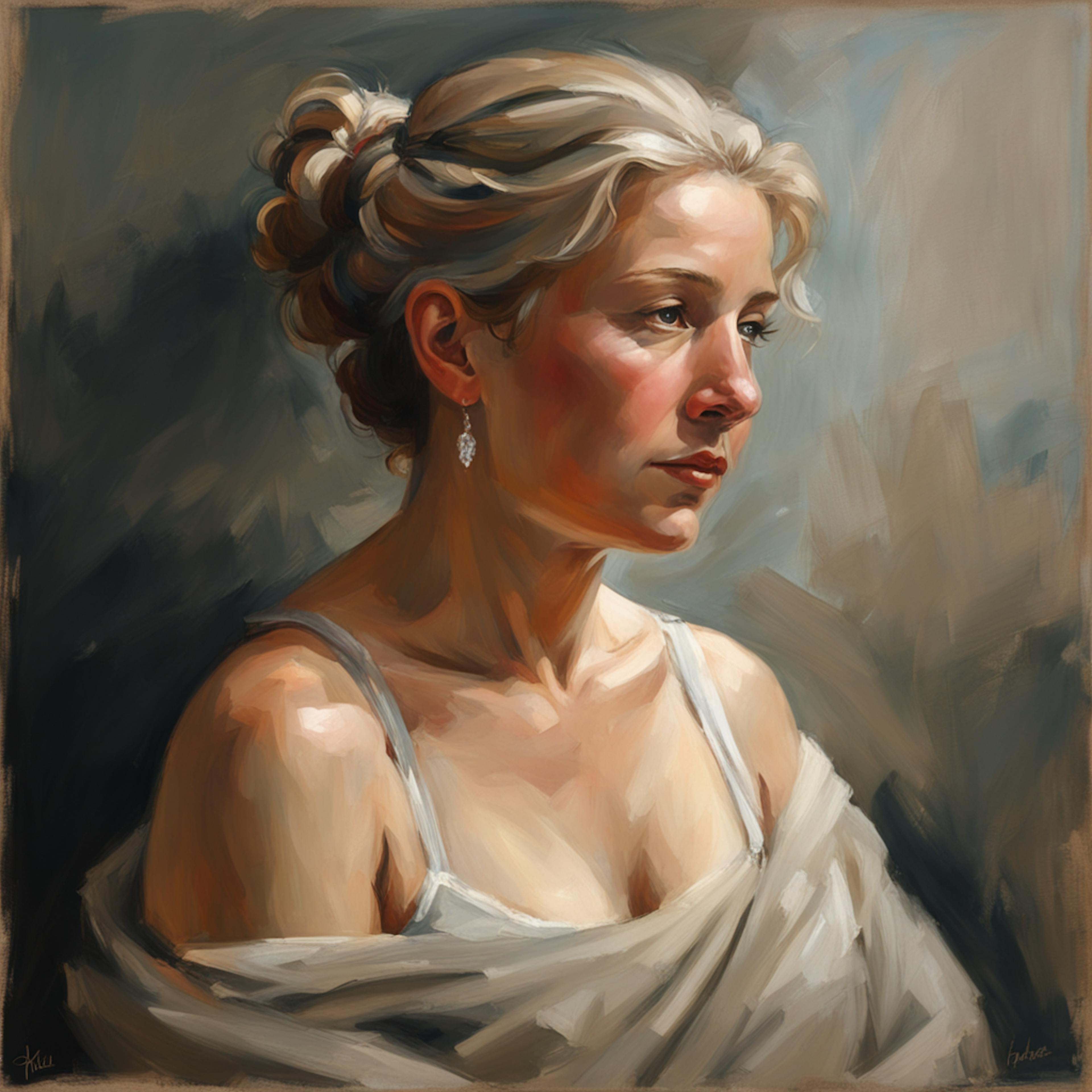 A classical art portrait of a contemplative woman with intricate light and shadow, showcasing soft brushstrokes and a muted background to emphasize her delicate features.