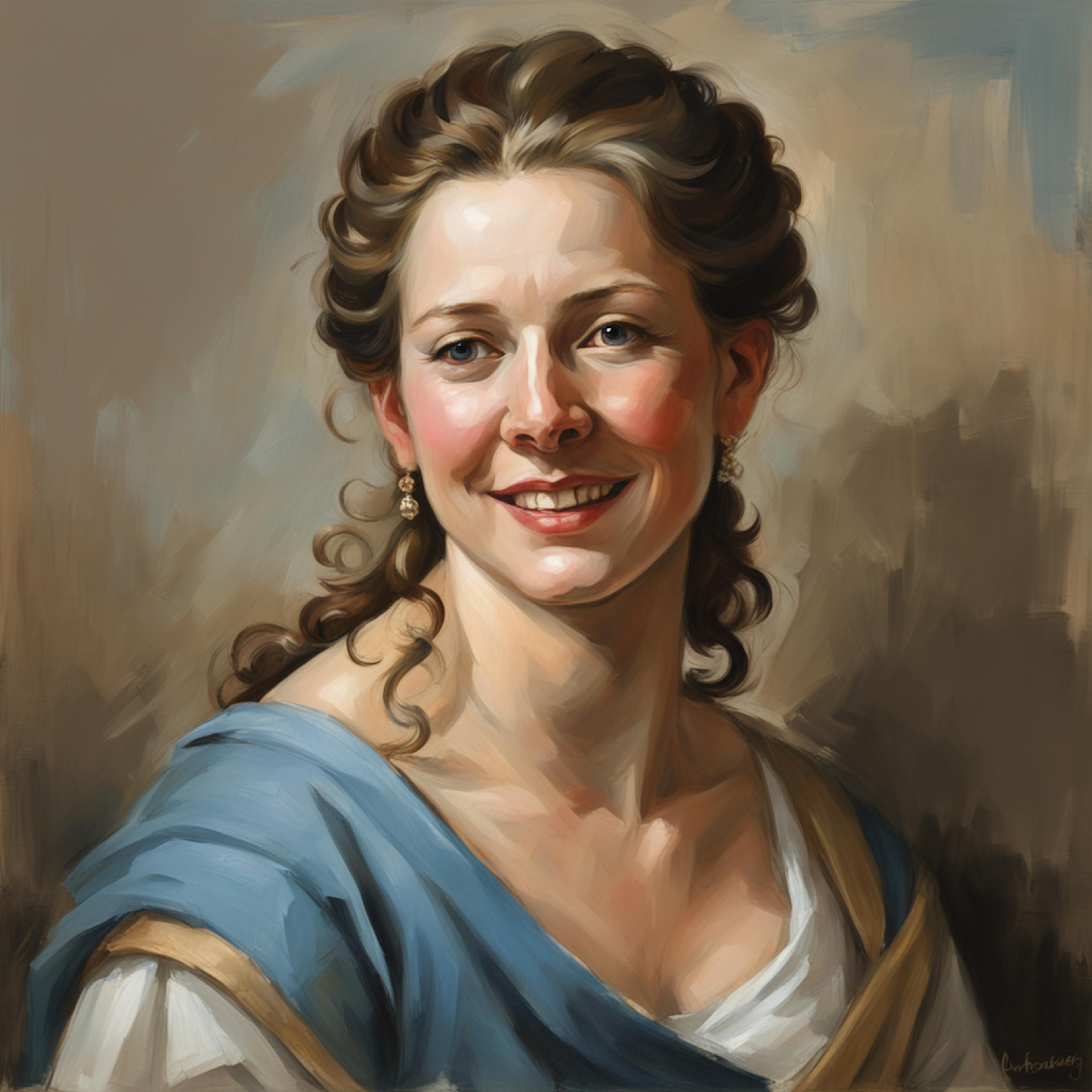 A classical art portrait of a smiling woman dressed in traditional attire, rendered with vibrant colors and soft lighting that evoke a sense of warmth and elegance.