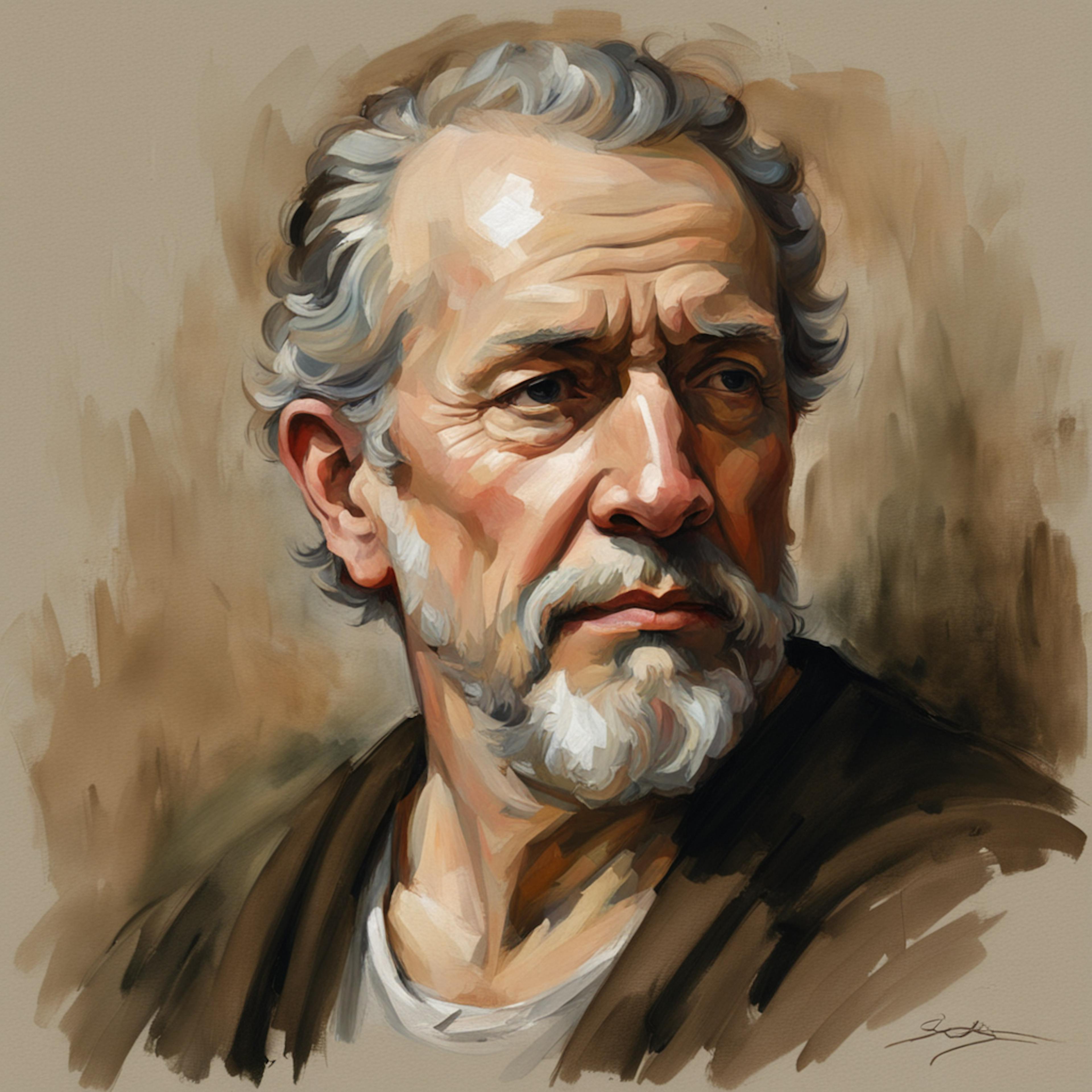 A classical art representation of an elderly man with a wise and reflective expression. The painterly technique highlights the detailed textures of his hair and the nuanced tones of his skin.