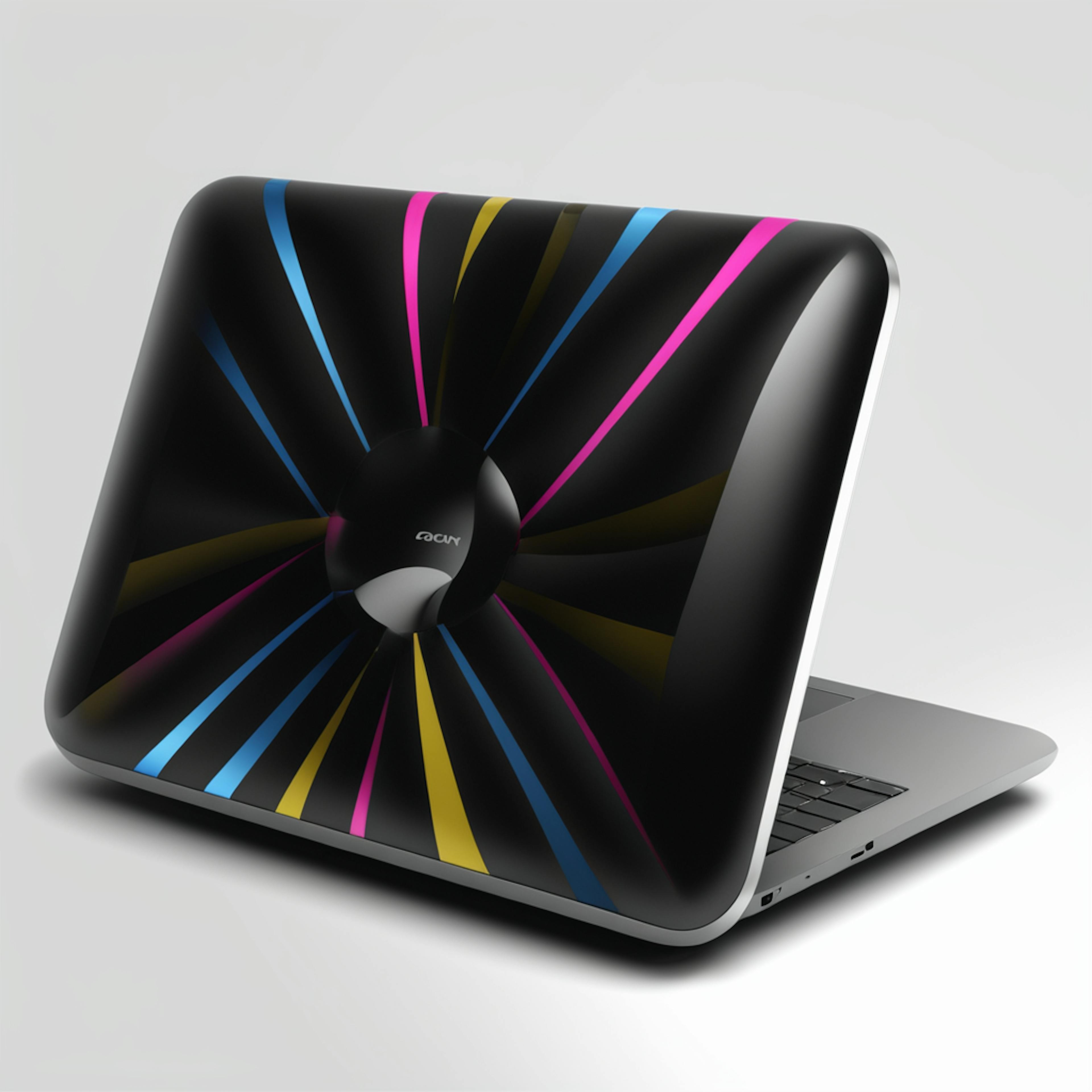 A futuristic laptop featuring a glossy black exterior with dynamic pink, yellow, and blue accents. Its modern aesthetic and bold design make it an excellent choice for graphic designers seeking inspiration from their tools.