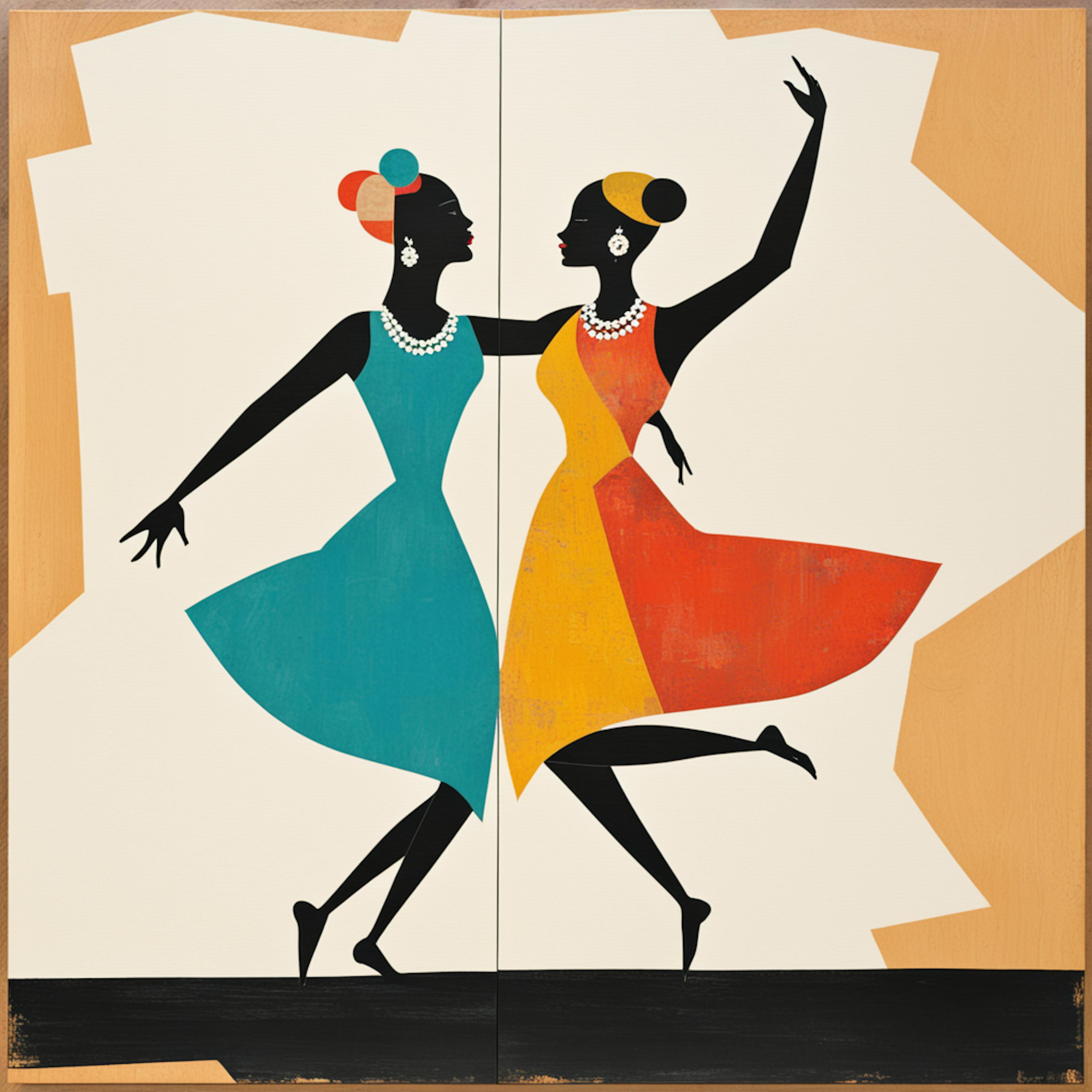 A stylized depiction of two women dancing in vibrant dresses, illustrating symmetry and movement to showcase balance in art.