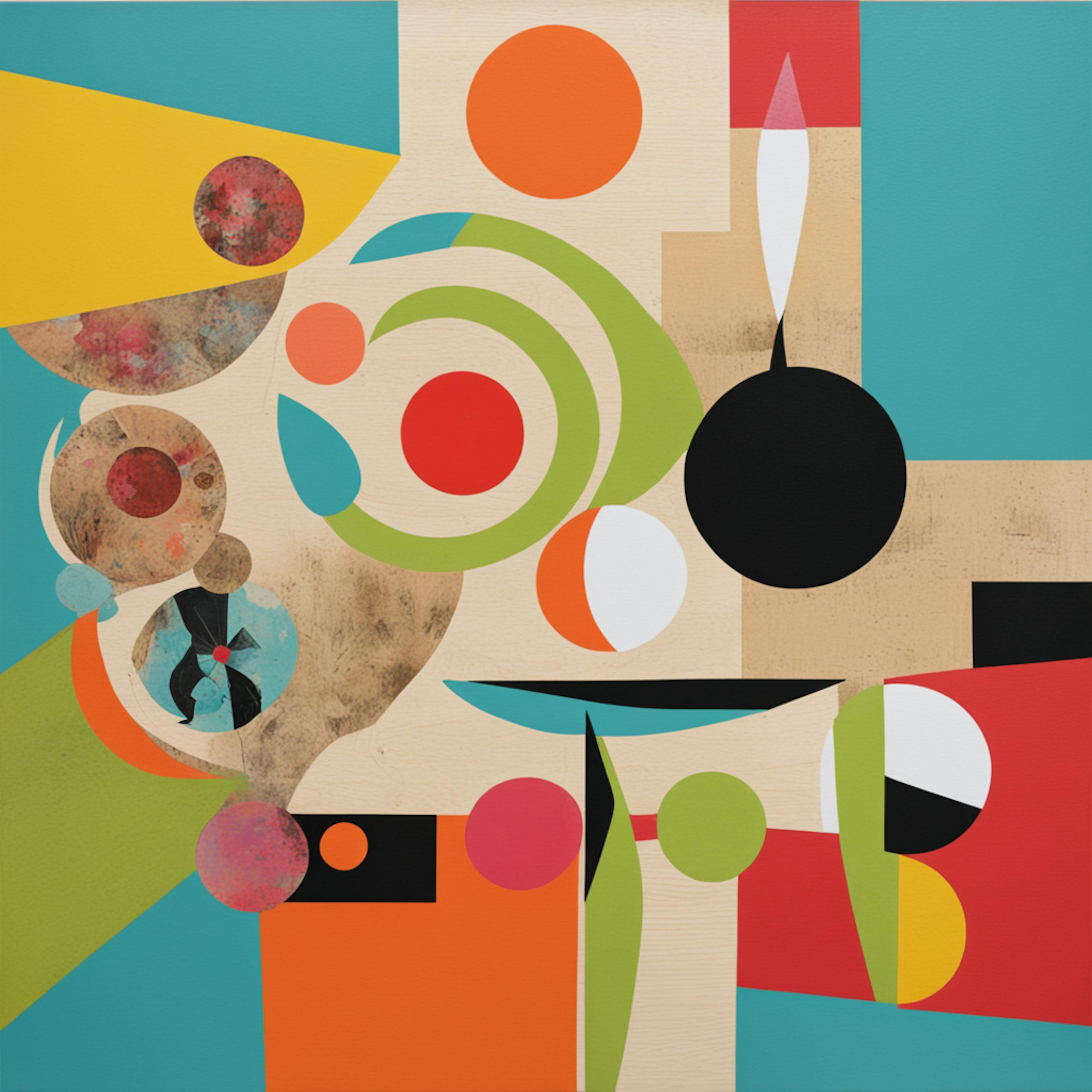 A colorful abstract composition with overlapping circles, lines, and geometric shapes, emphasizing the dynamic interplay of forms and balance in art.