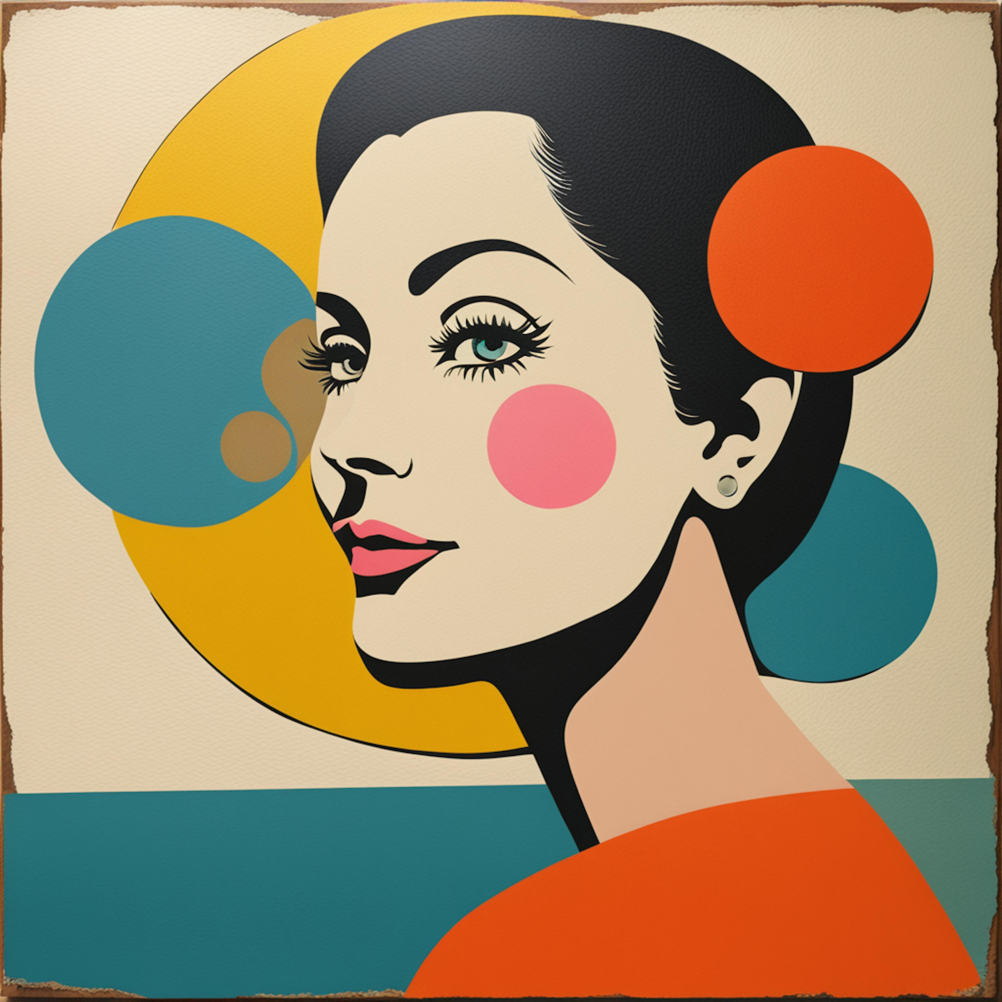 A retro-inspired portrait of a woman with bold shapes and vibrant colors surrounding her, reflecting the harmonious arrangement of elements to demonstrate balance in art.