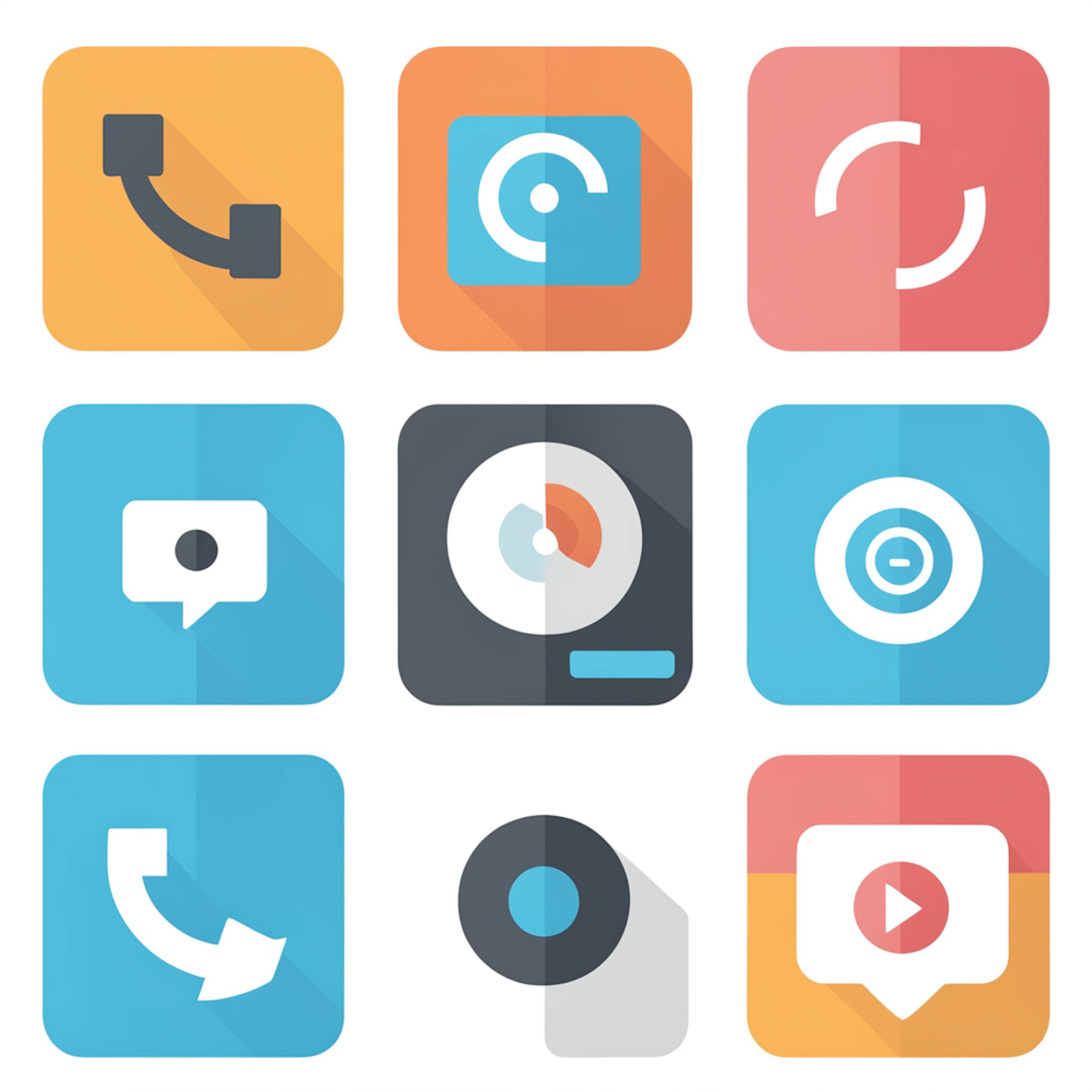 A 3x3 grid of square app icons with rounded edges, each featuring a unique symbol related to communication, media, and technology. The icons use a modern flat design with soft shadows and a mix of blue, orange, red, and gray tones, representing app iconography.