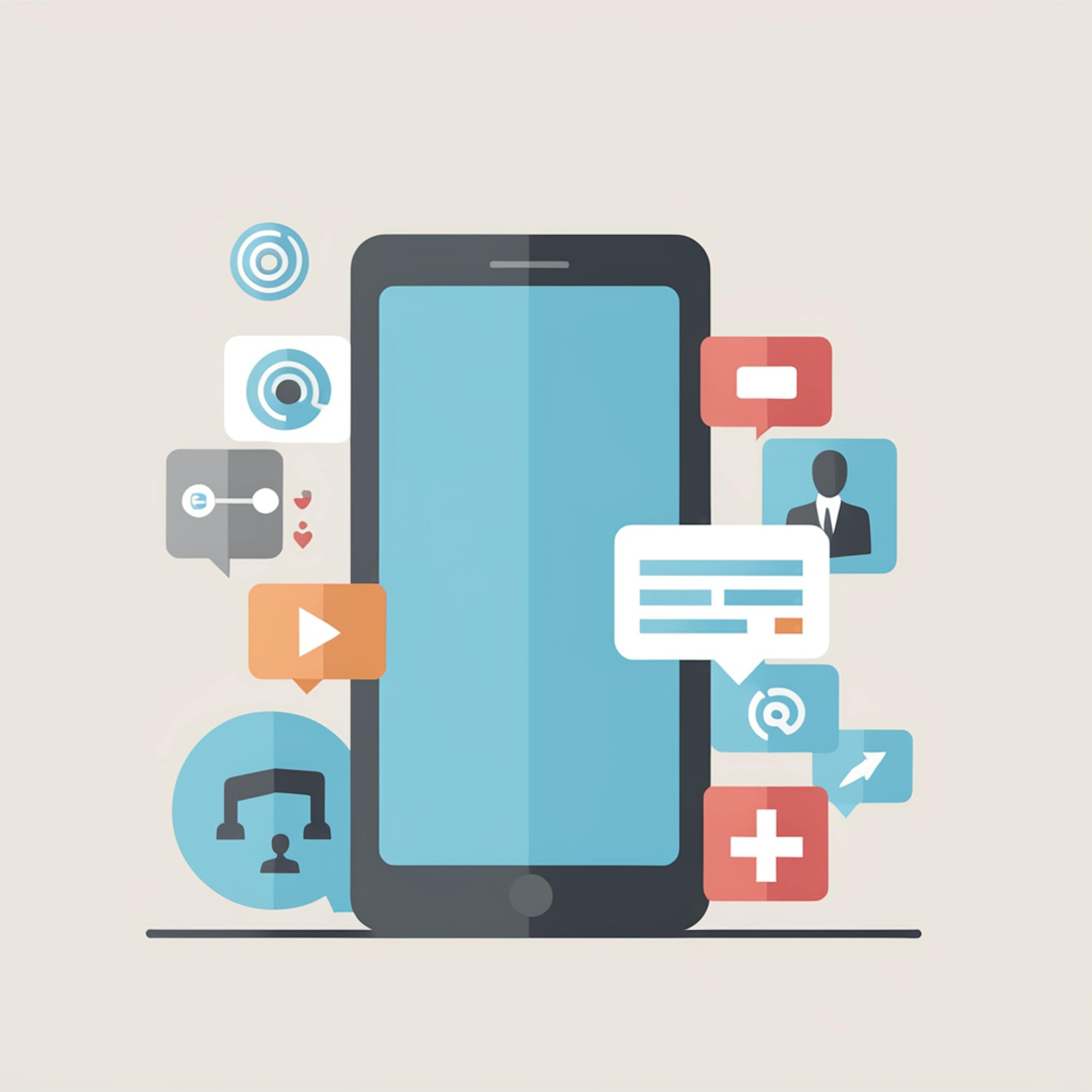 A modern digital illustration of a smartphone standing upright, surrounded by various floating app icons and notification symbols. The icons depict messaging, video, search, and social media elements, illustrating app iconography in a clean and contemporary style.