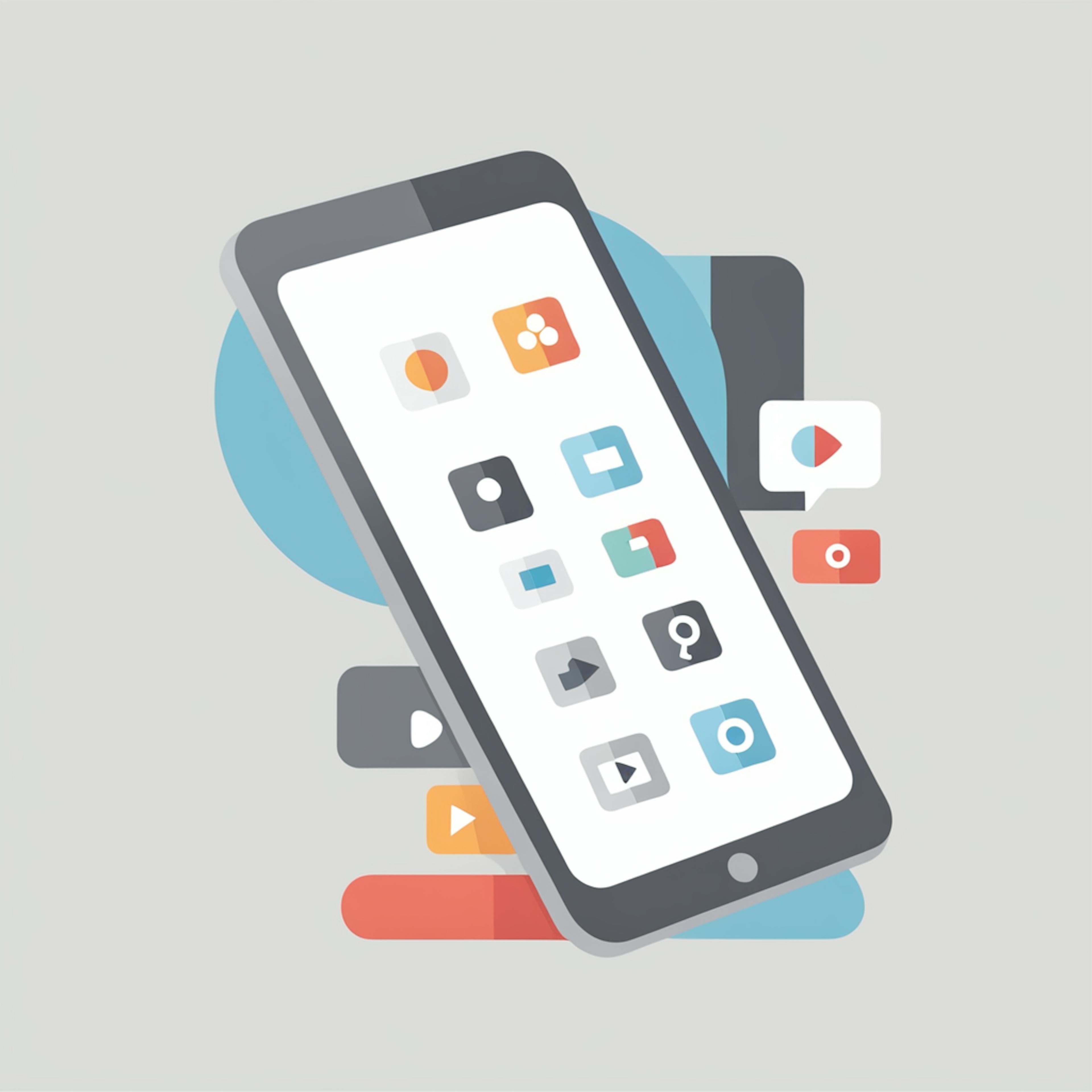 A stylized digital illustration of a smartphone tilted at an angle, displaying a grid of colorful app icons in a minimalist, flat design. The background includes abstract shapes and floating app symbols, reinforcing the theme of app iconography.