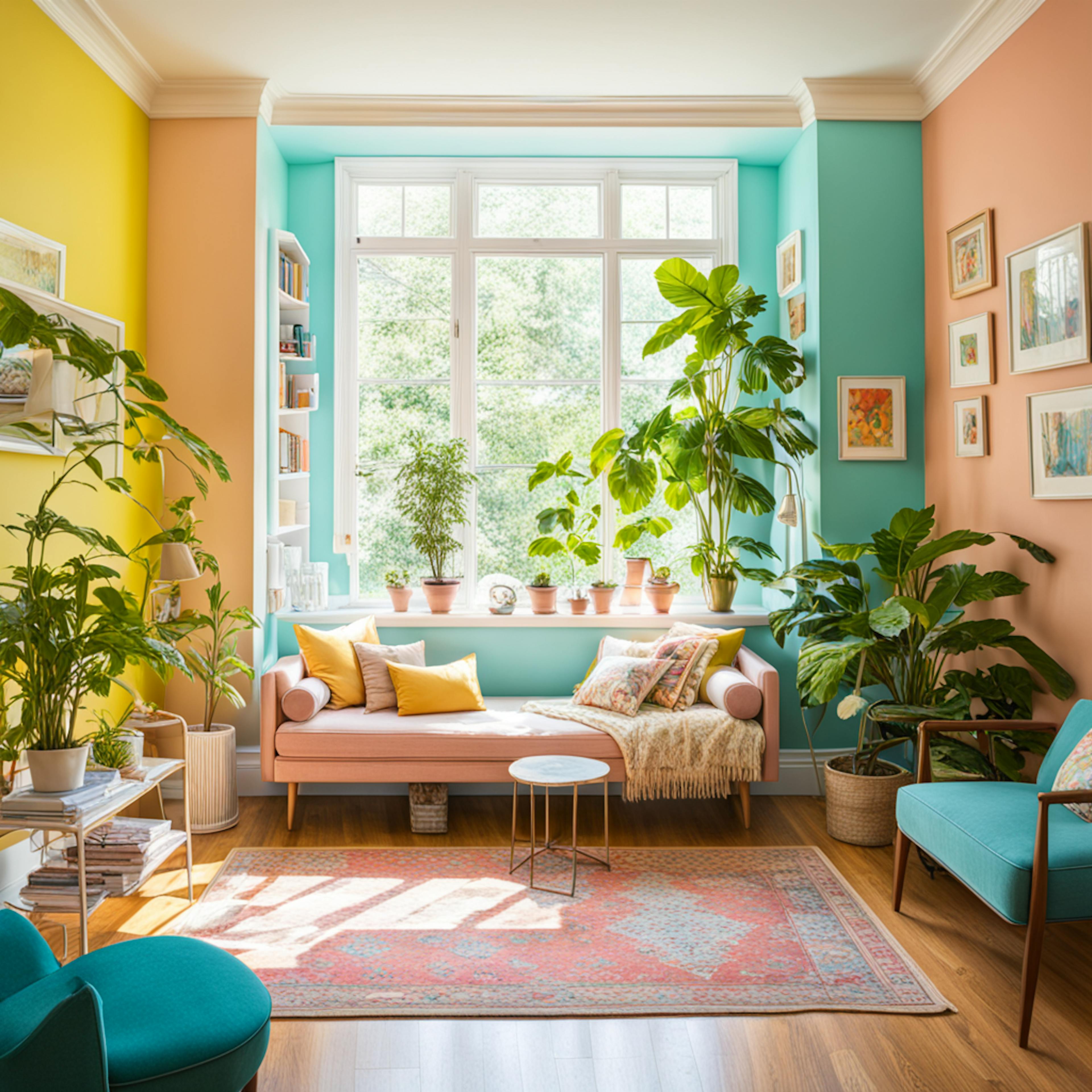 A vibrant living space featuring colorful walls in yellow and teal, with abundant natural light streaming through a large window adorned with potted plants. A cozy seating area with pillows and throws enhances the atmosphere, showcasing a calming environment. AI in the wellness industry could inspire similar design ideas for promoting mental well-being and relaxation.