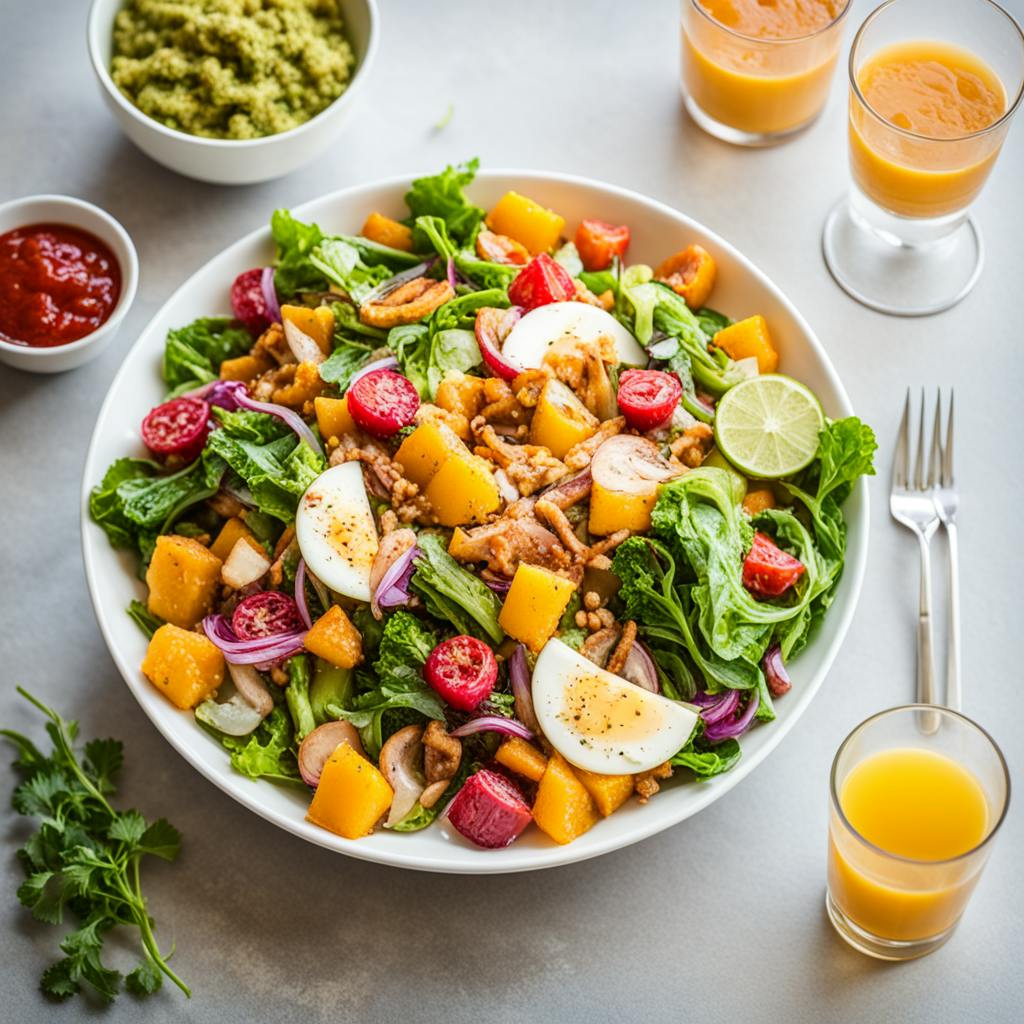 A colorful, nutritious salad arranged beautifully in a white bowl, featuring ingredients like roasted squash, cherry tomatoes, boiled eggs, and fresh greens. Accompanied by small bowls of sauces, guacamole, and glasses of orange juice, the image highlights healthy eating. AI in the wellness industry could be used to personalize meal planning and optimize nutritional choices.