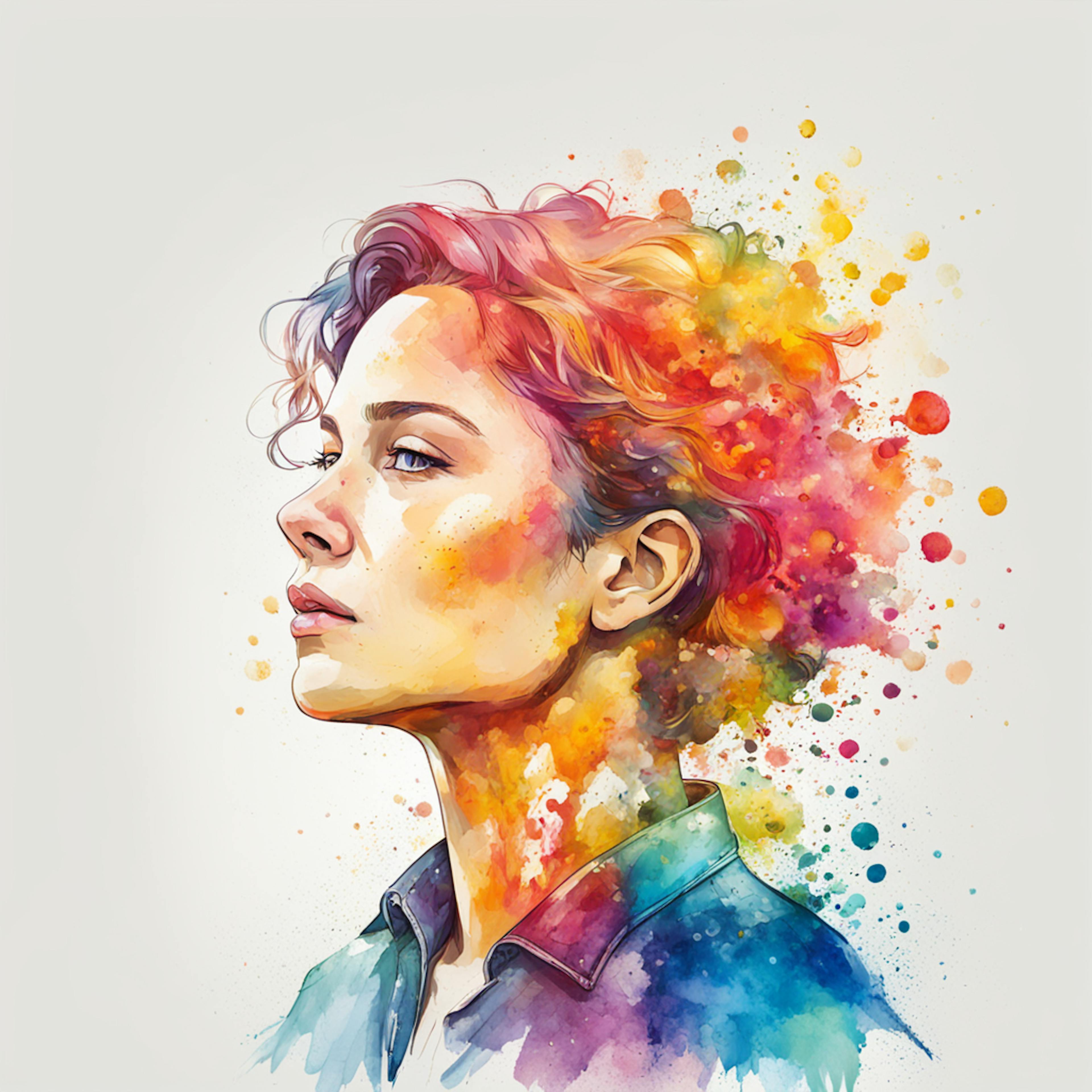 A stunning artistic portrait of a woman with her face and hair blending into a dynamic burst of watercolor splashes in vibrant hues. The artwork symbolizes creativity and emotional expression. AI in the wellness industry could harness similar visual elements to promote mental health and encourage artistic therapy.