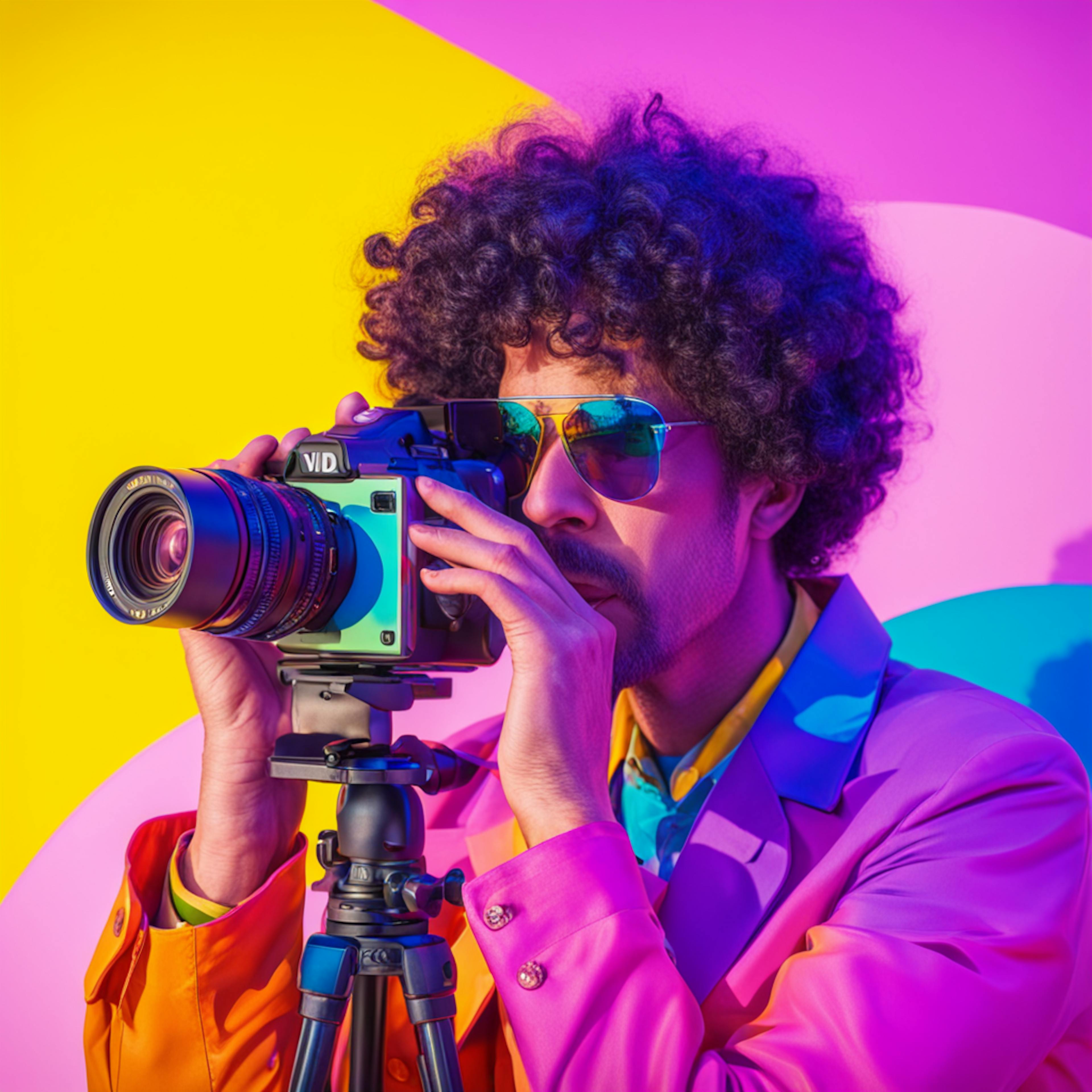 A vibrant image of a photographer with curly hair, wearing colorful clothing and sunglasses, as they focus through a professional camera on a tripod. The bright yellow and pink backdrop adds an artistic flair. AI in the film industry can enhance creative production processes, including camera operation and color grading.