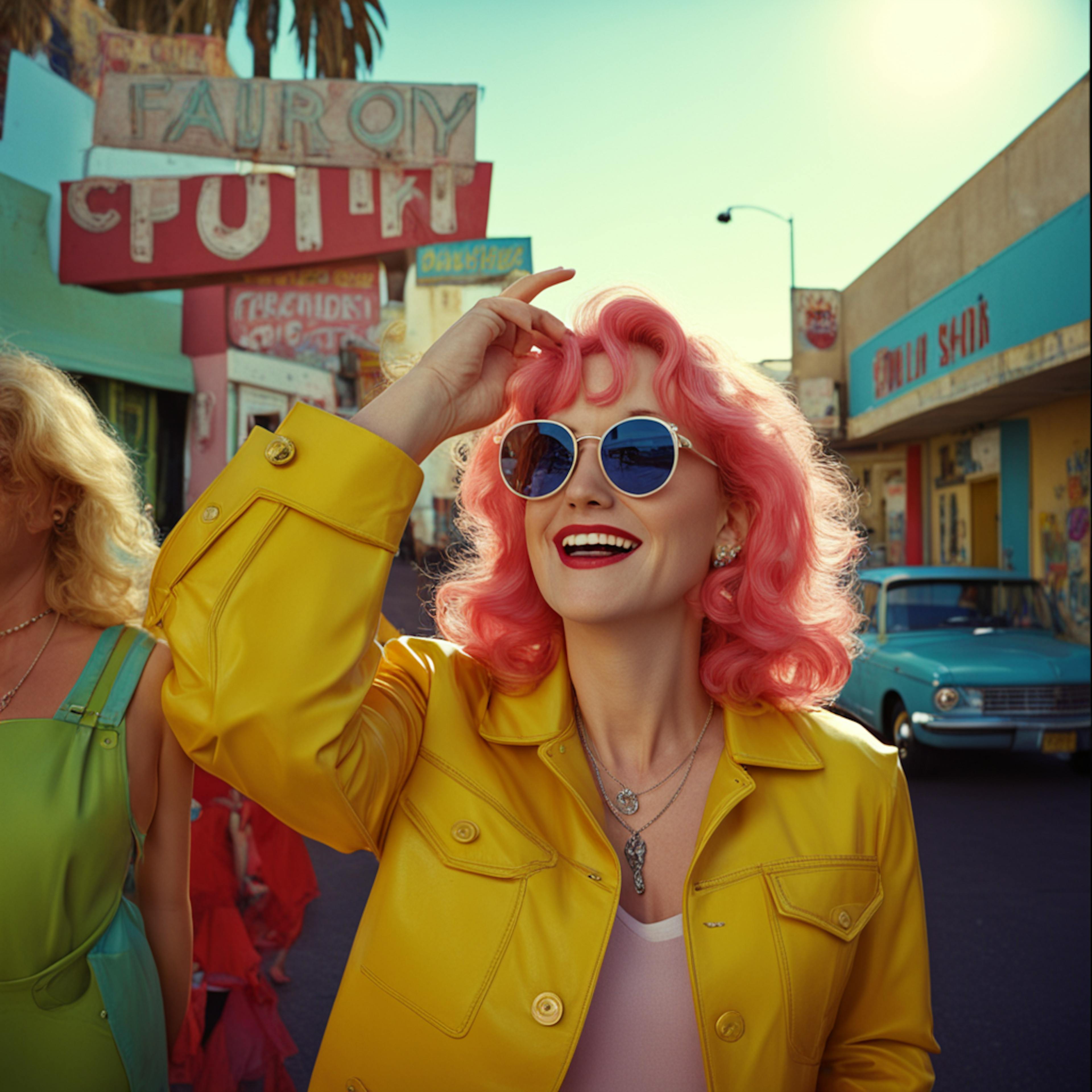 A cheerful woman with pink hair and a bright yellow jacket smiles under the sun in a retro street setting, with vintage signs and a classic car in the background. Her energy is lively and cinematic. AI in the film industry could bring life to nostalgic themes and help in recreating dynamic retro visuals for storytelling.