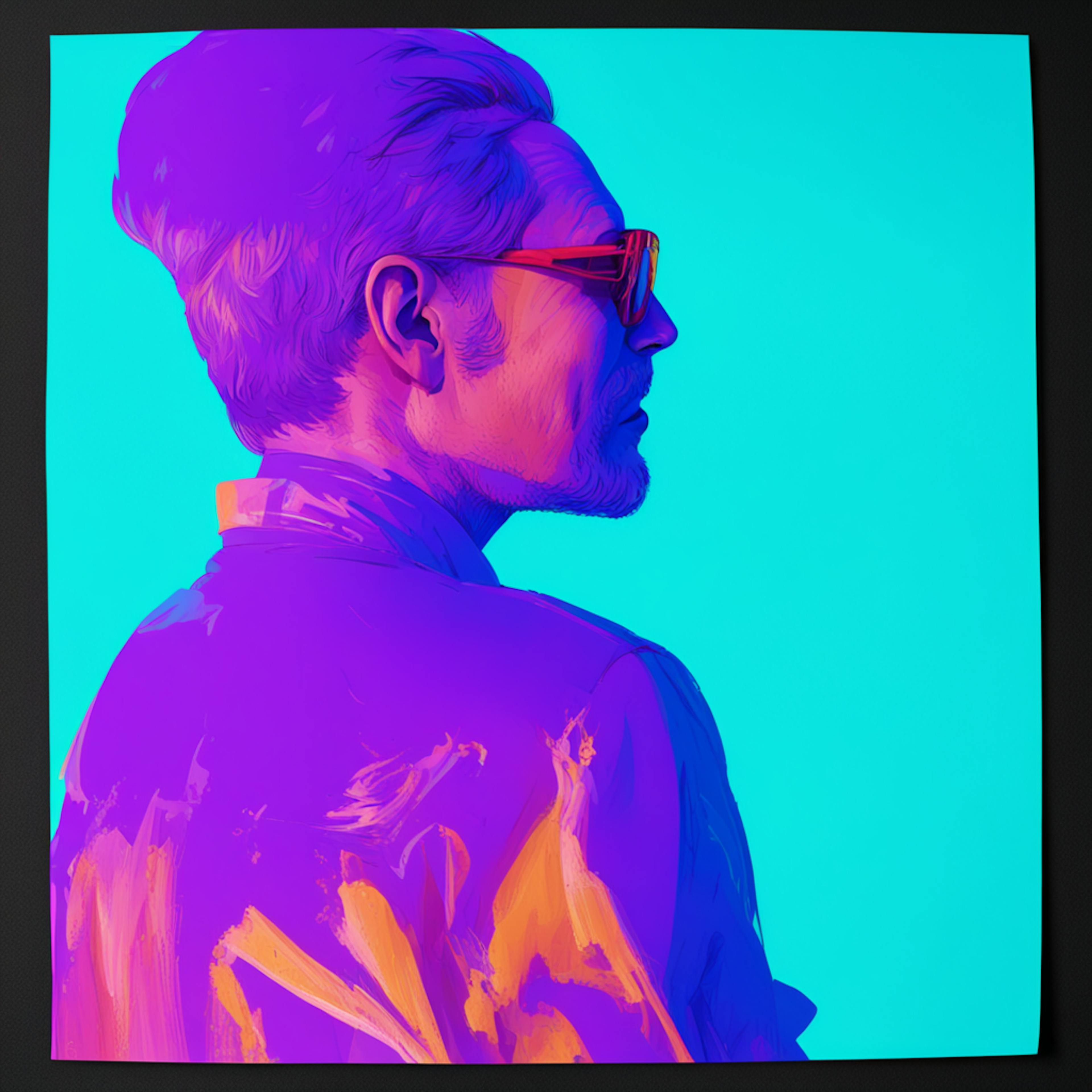 A modern and bold digital illustration of a man with slicked-back hair, depicted in vibrant neon colors against a cyan background. The portrait exudes a cinematic and futuristic vibe. AI in the film industry could revolutionize digital art and character design for movie promotions and animations.