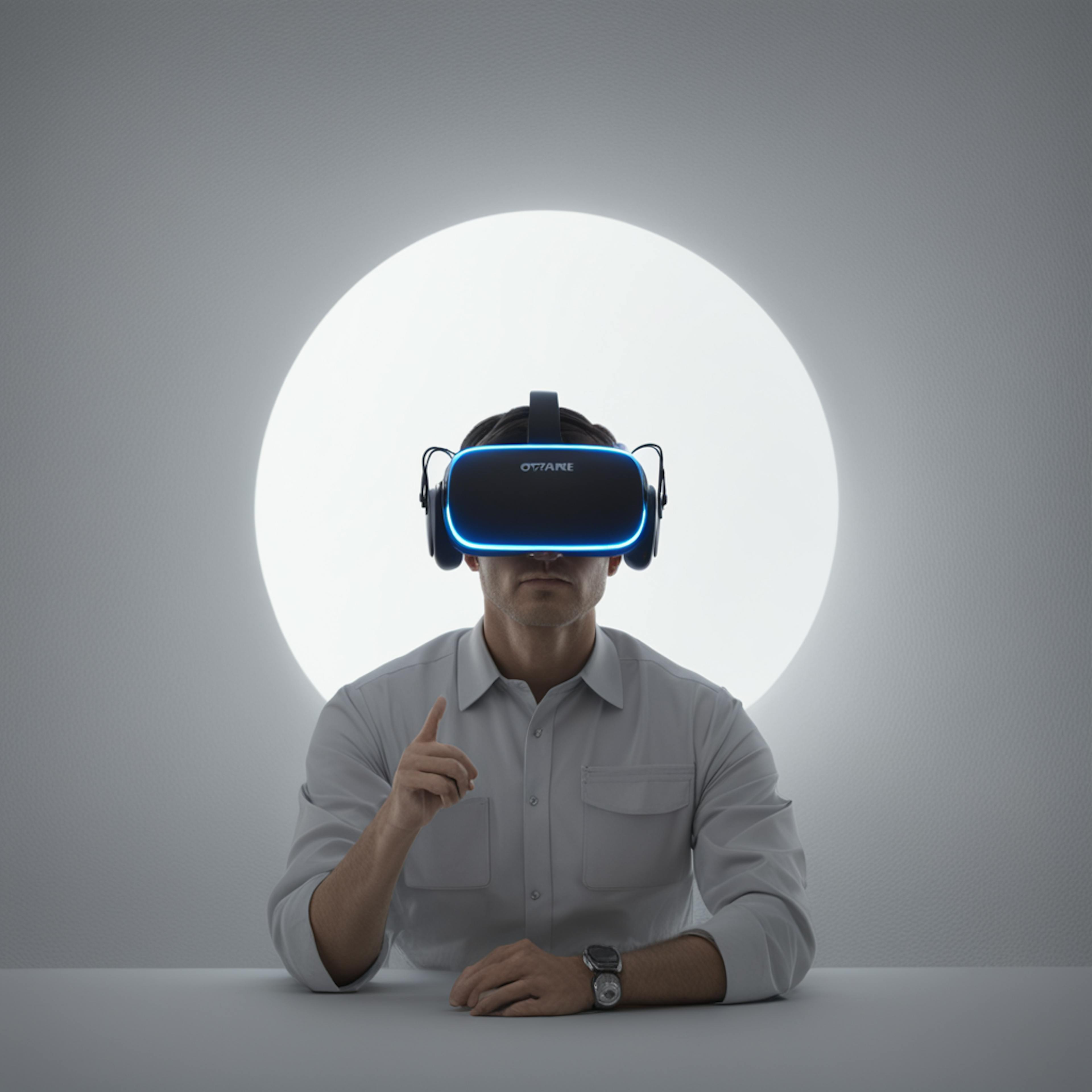 A man seated at a table wearing a sleek VR headset with glowing blue accents. The minimalist background features a soft circular light, emphasizing the futuristic design. AI in the entertainment industry is pivotal for creating immersive virtual reality experiences like this.