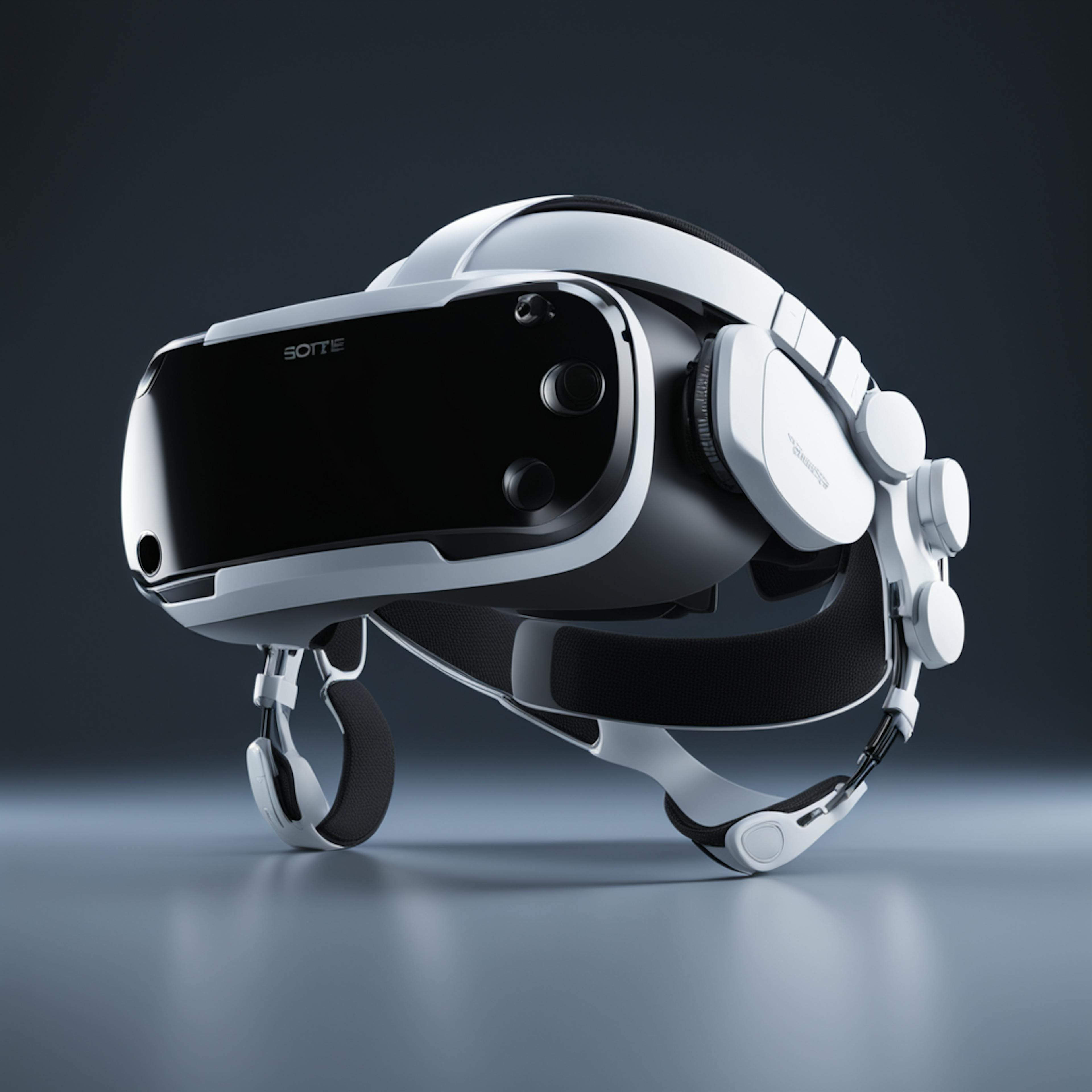 A close-up view of an advanced white and black VR headset resting on a reflective surface, showcasing intricate design details and high-tech features. AI in the entertainment industry drives innovation in hardware like this for enhanced gaming and cinematic experiences.