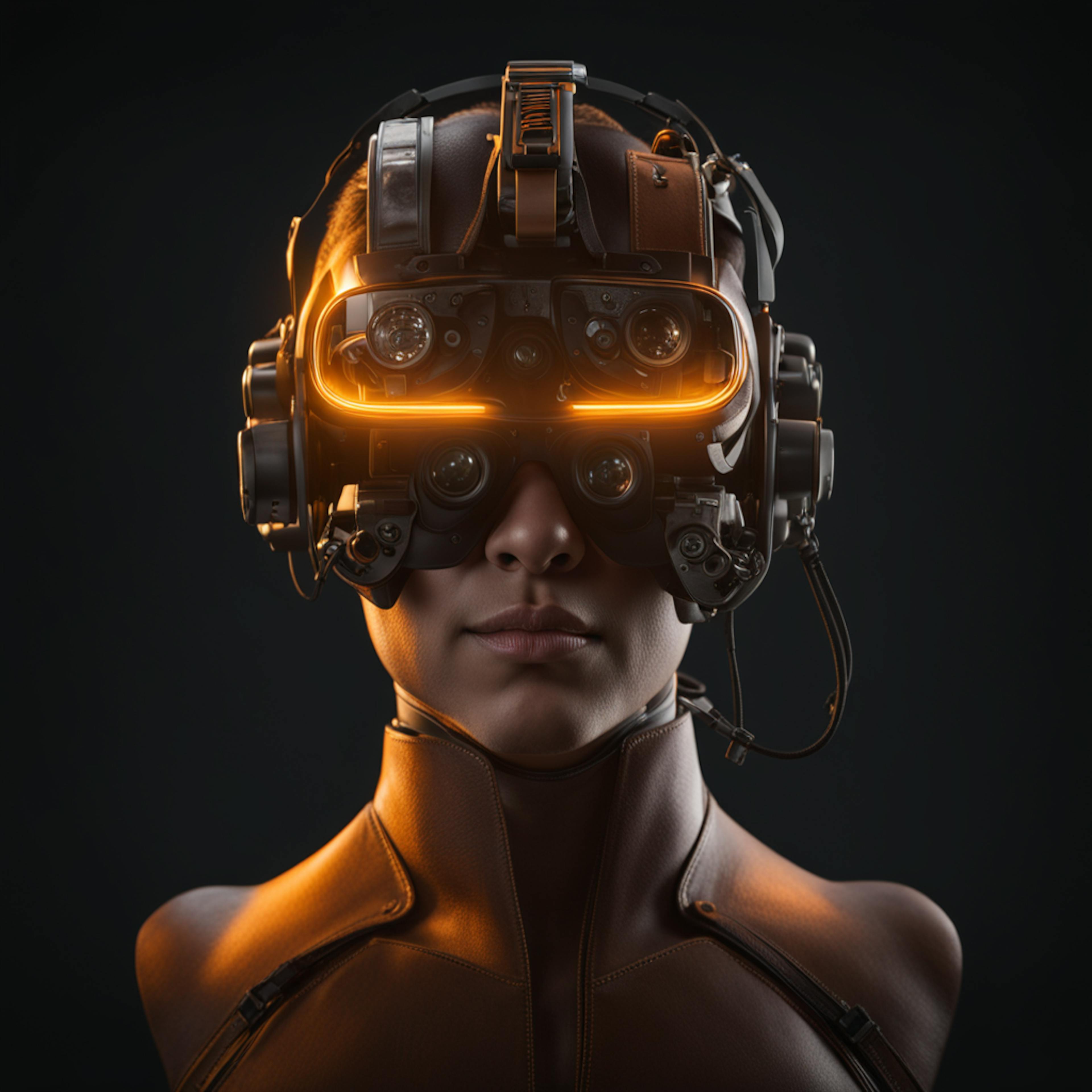 A striking image of a person wearing a highly intricate augmented reality headset with glowing orange accents and multiple lenses. The dark background highlights the high-tech gear. AI in the entertainment industry enables groundbreaking augmented reality technologies for storytelling and interactive media.