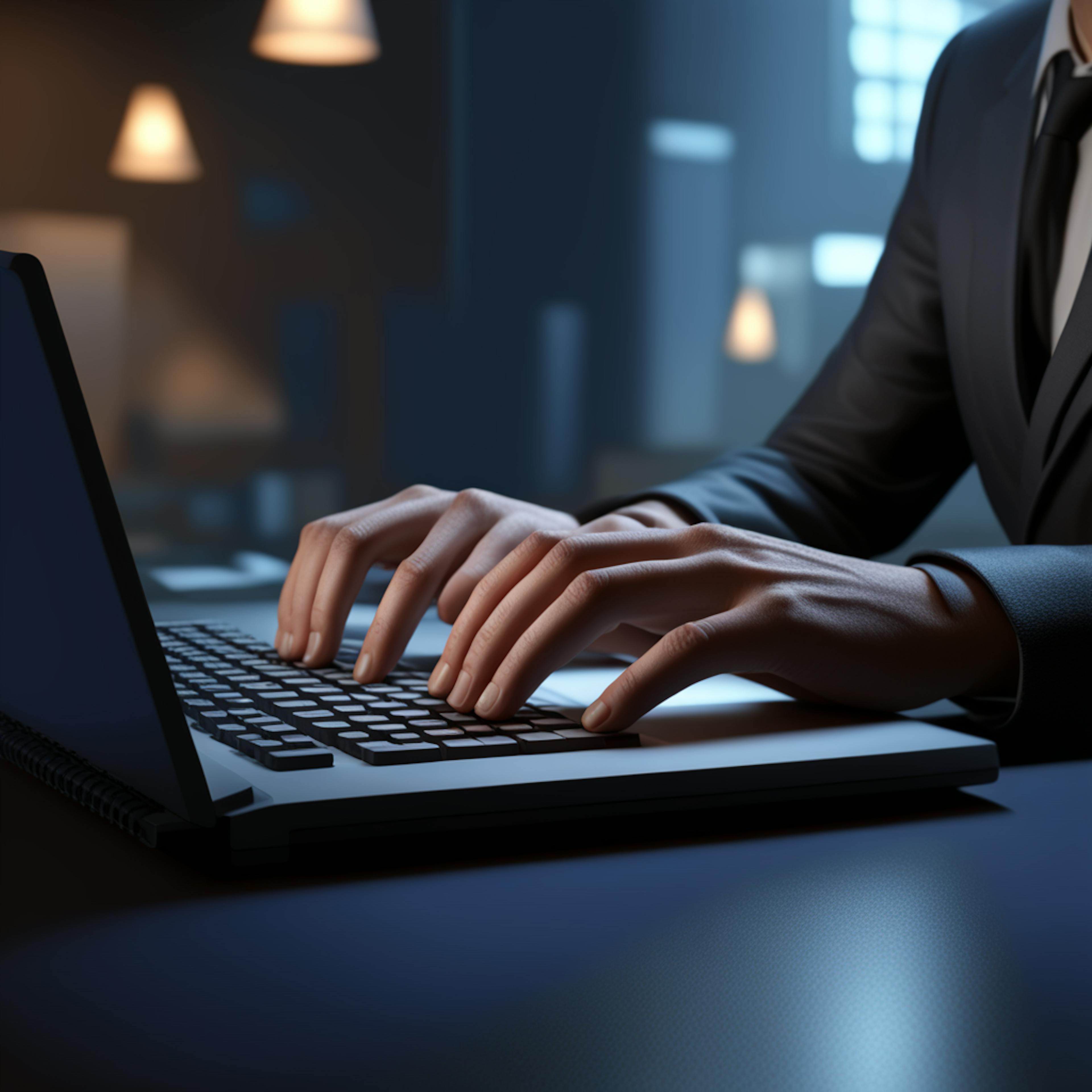 A close-up of hands typing on a laptop in a dimly lit modern office environment, with warm ambient lighting in the background. The scene captures the essence of productivity and innovation. AI in creative industries enhances writing, design, and content production through advanced tools and platforms.