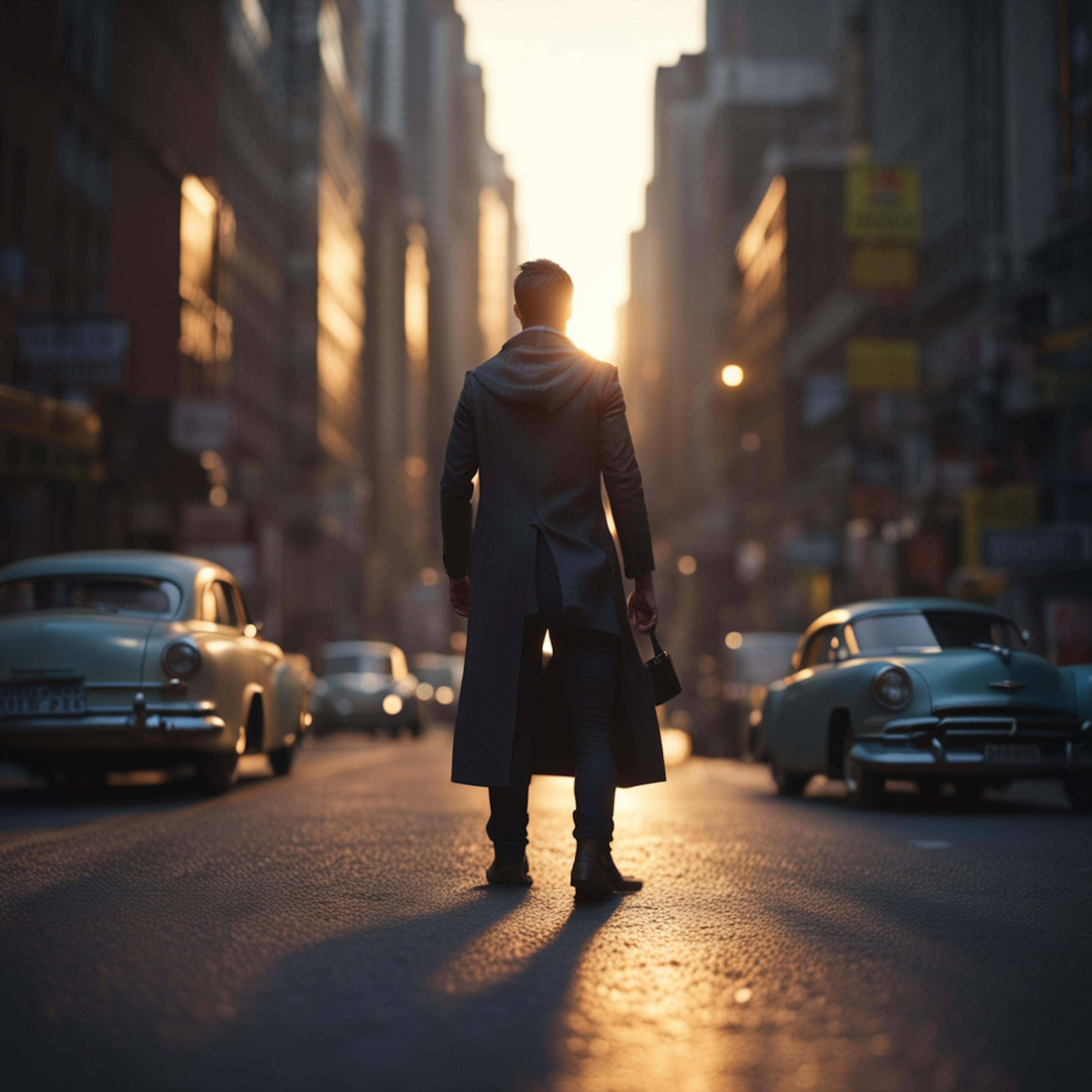 A dramatic image of a man in a long coat standing in the middle of a vintage city street at sunset, with classic cars and tall buildings surrounding him. The warm, cinematic lighting evokes storytelling and nostalgia. AI in creative industries facilitates cinematic world-building and immersive storytelling in visual media.