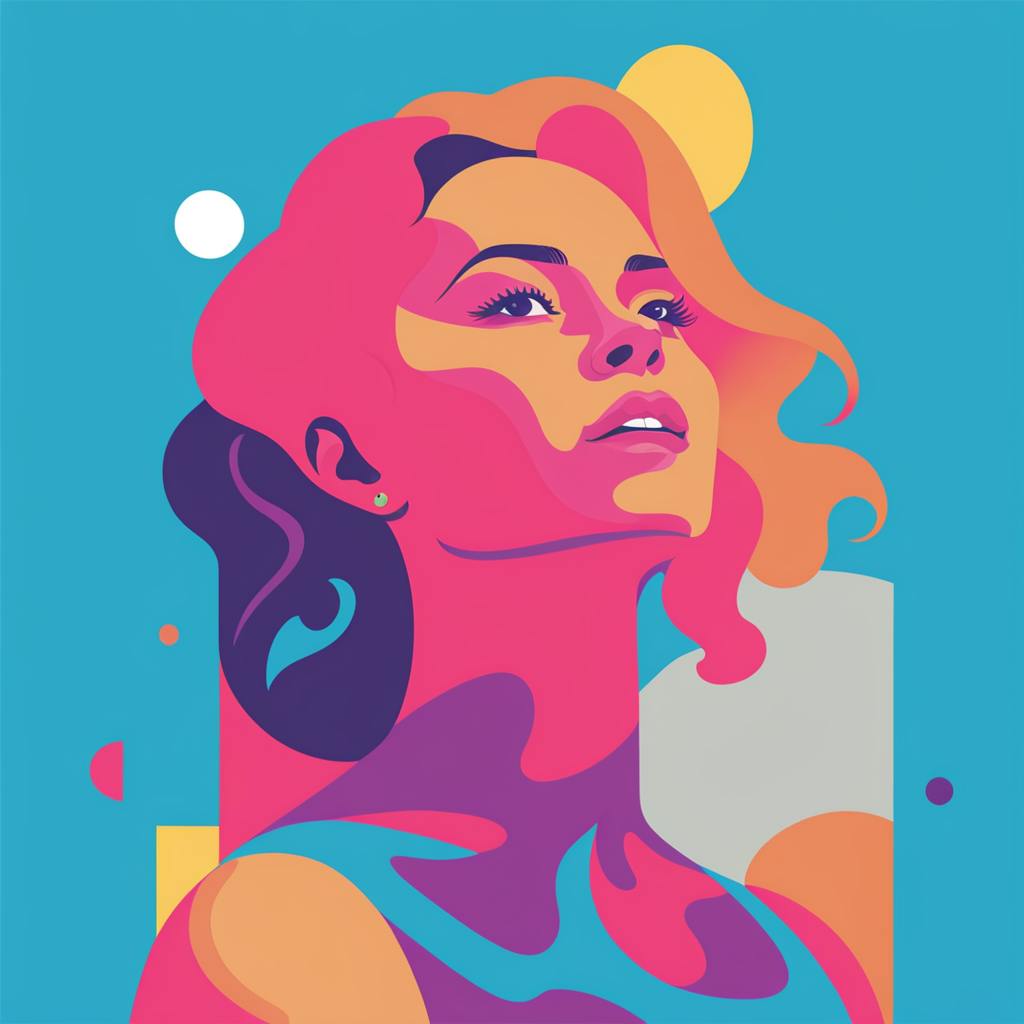 A colorful portrait of a woman with dynamic lines and geometric shapes in the background. The pink and orange tones contrast with the cool blue accents, offering a fresh and imaginative approach for "art inspo."