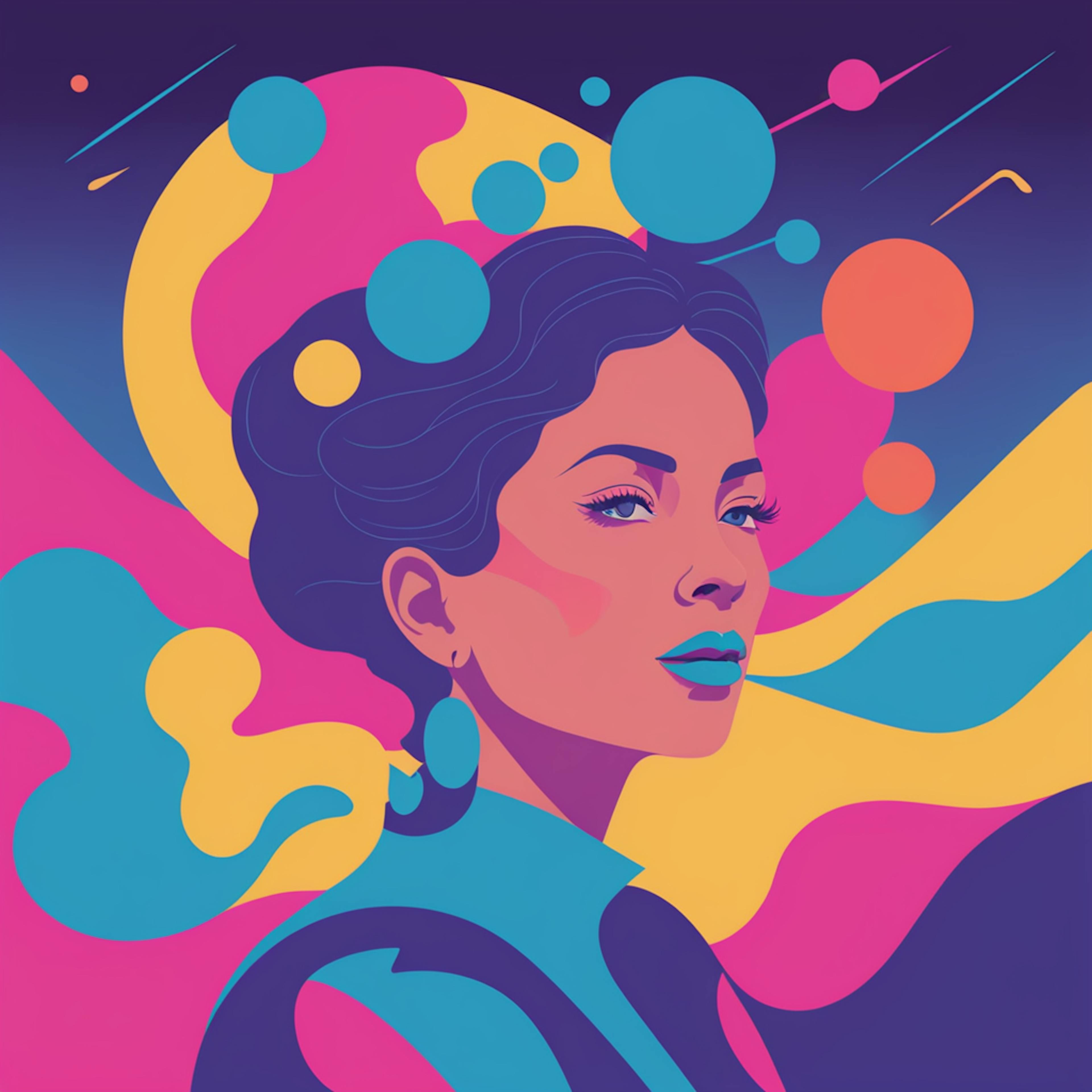 A vibrant and modern digital illustration of a woman with an abstract background of swirling shapes and bold colors, including pink, yellow, and blue. The striking composition evokes creativity and energy, making it a perfect piece for "art inspo."