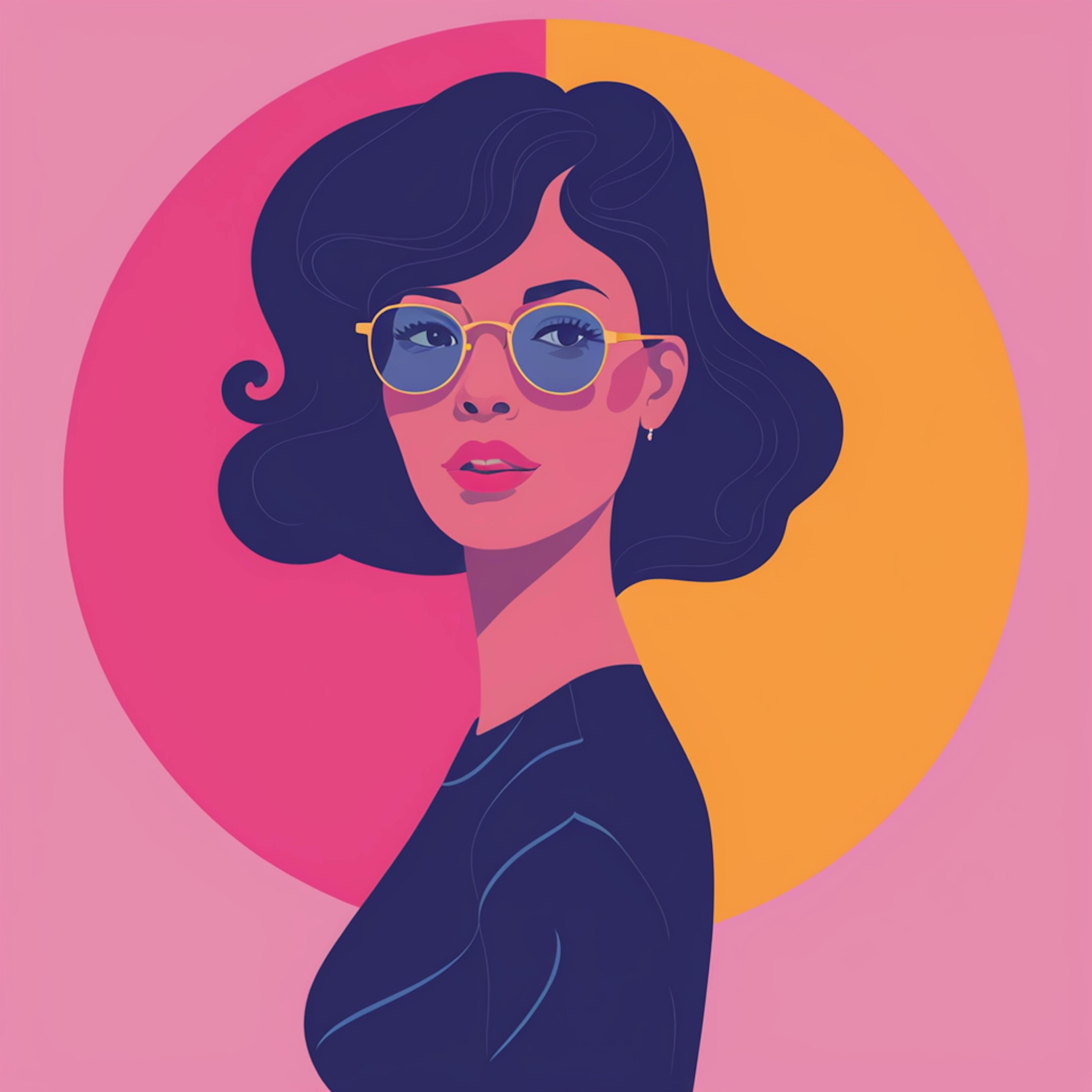 A stylized illustration of a woman with short hair and glasses, set against a circular background divided into bright pink and orange. The clean lines and bold colors make this a compelling and modern piece for "art inspo."