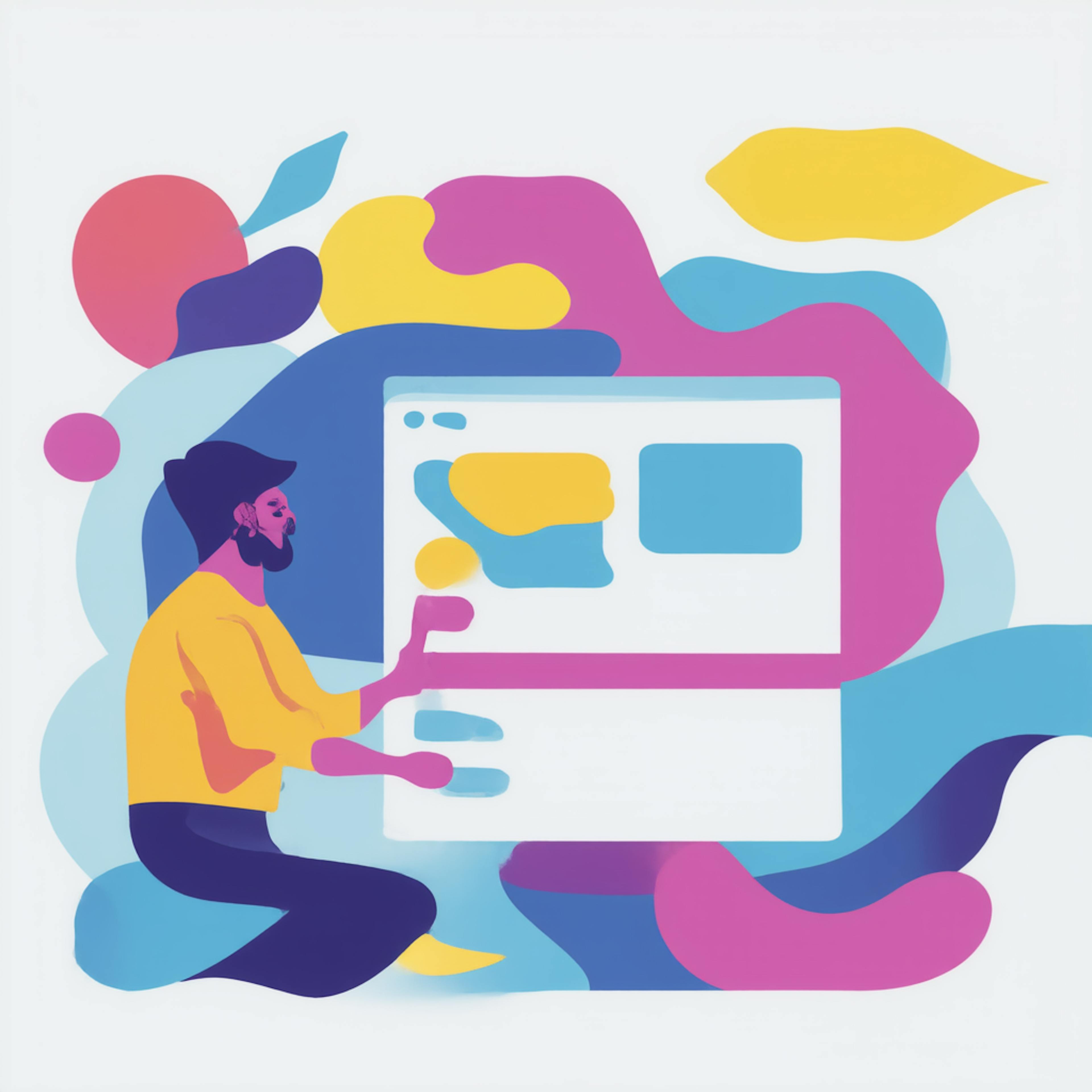 A vibrant digital illustration of a bearded man wearing a yellow shirt, sitting cross-legged while interacting with a floating website interface. The abstract background features colorful shapes, symbolizing creativity and brainstorming website style ideas.