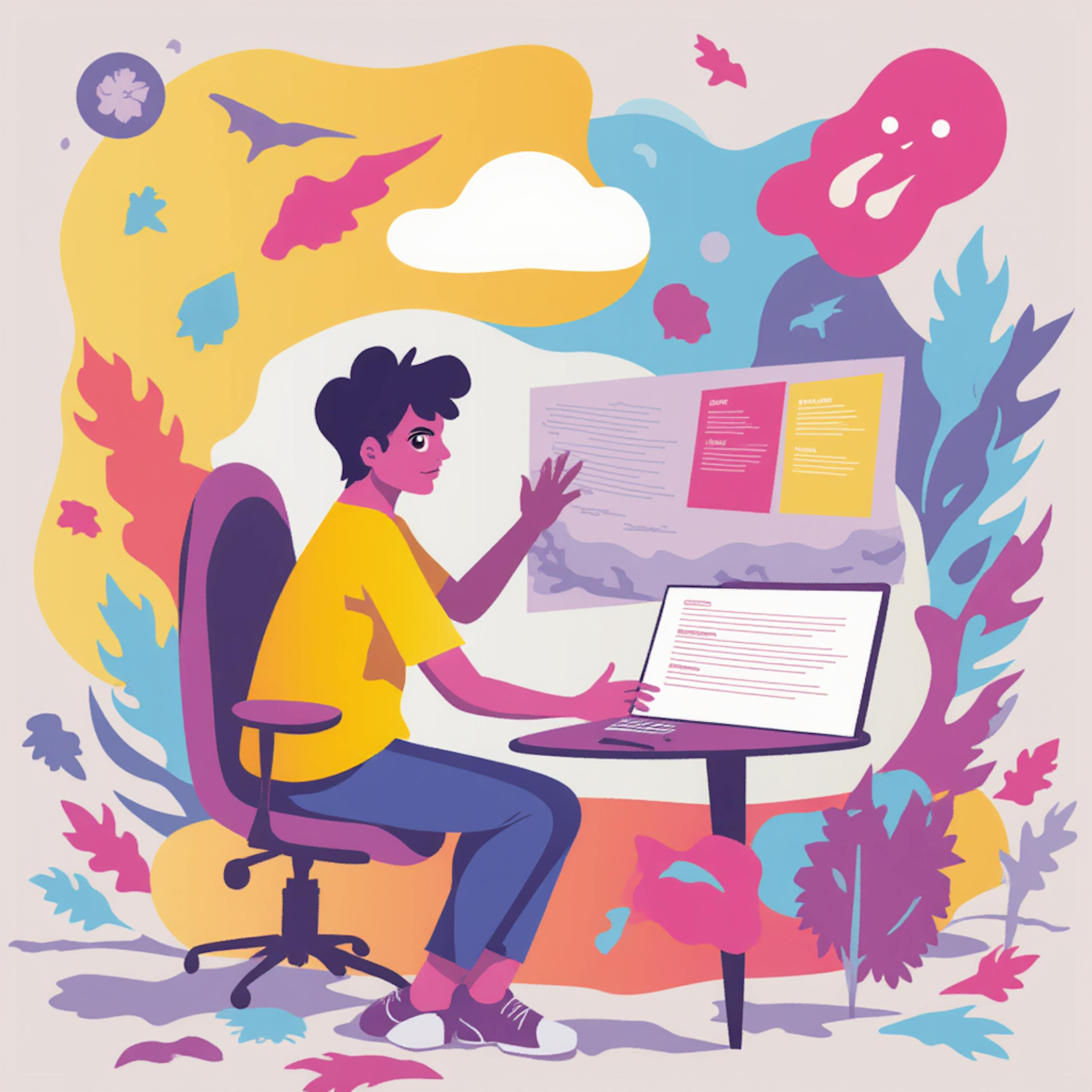 A person in a yellow shirt and blue jeans sits at a desk with multiple screens displaying different website layouts. The colorful abstract background and nature-inspired elements symbolize the process of designing and refining website style ideas.