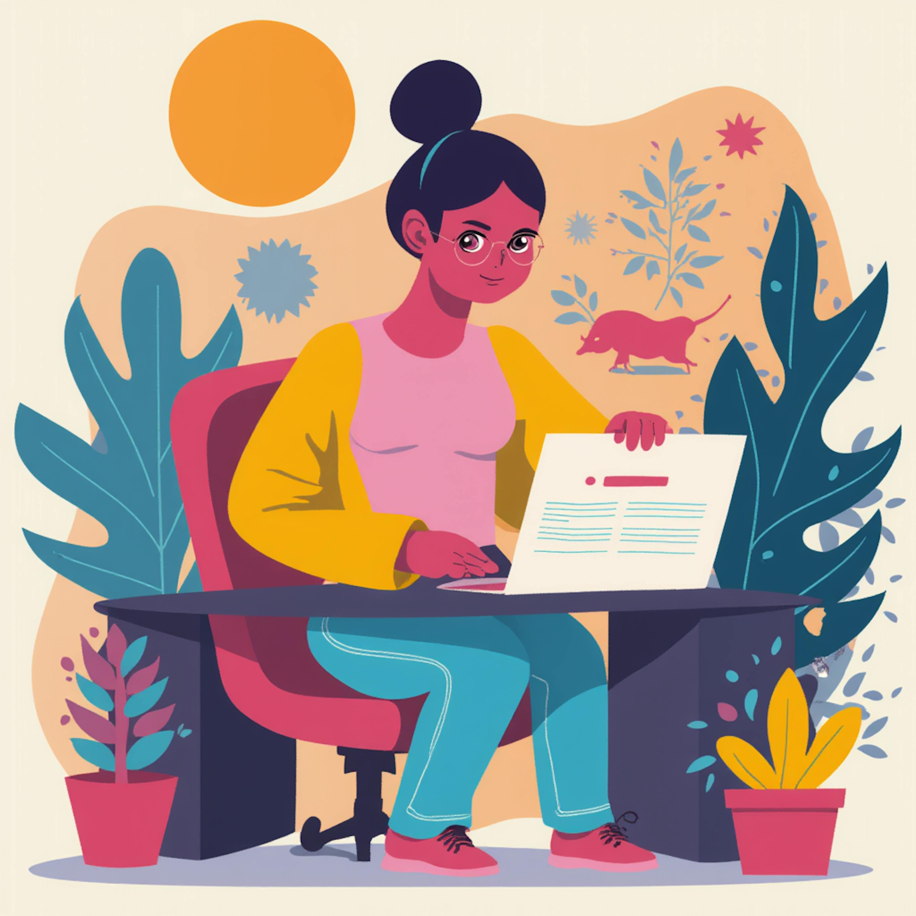 A cheerful woman with glasses, wearing a pink and yellow outfit, sits at a desk working on her laptop. The surrounding environment is filled with plants and abstract elements, representing a creative workspace where she is exploring website style ideas.