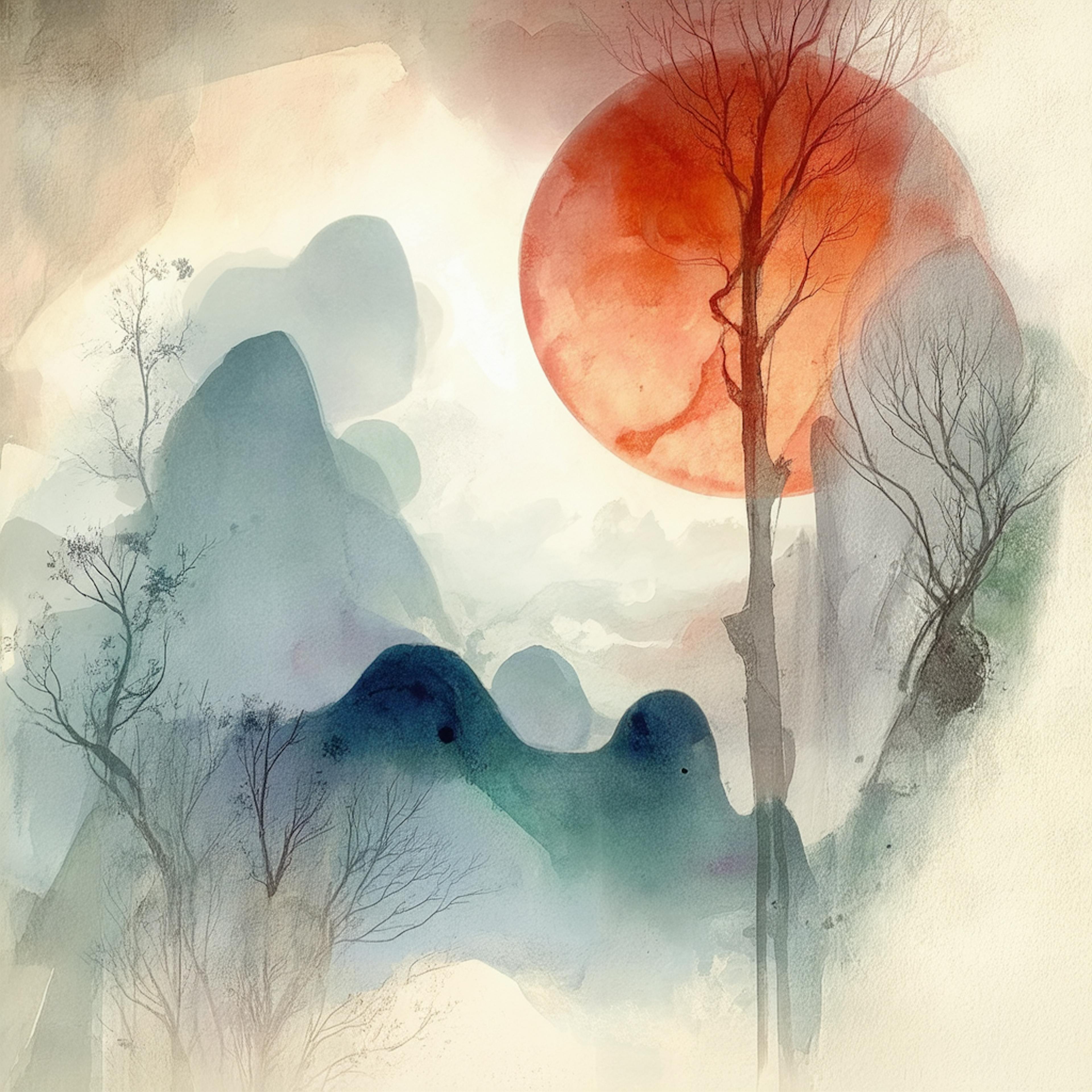 A surreal watercolor painting featuring towering misty mountains, a glowing red sun, and delicate barren trees. The blend of colors and textures exemplifies the variety principle of design art, creating a harmonious yet dynamic visual experience.