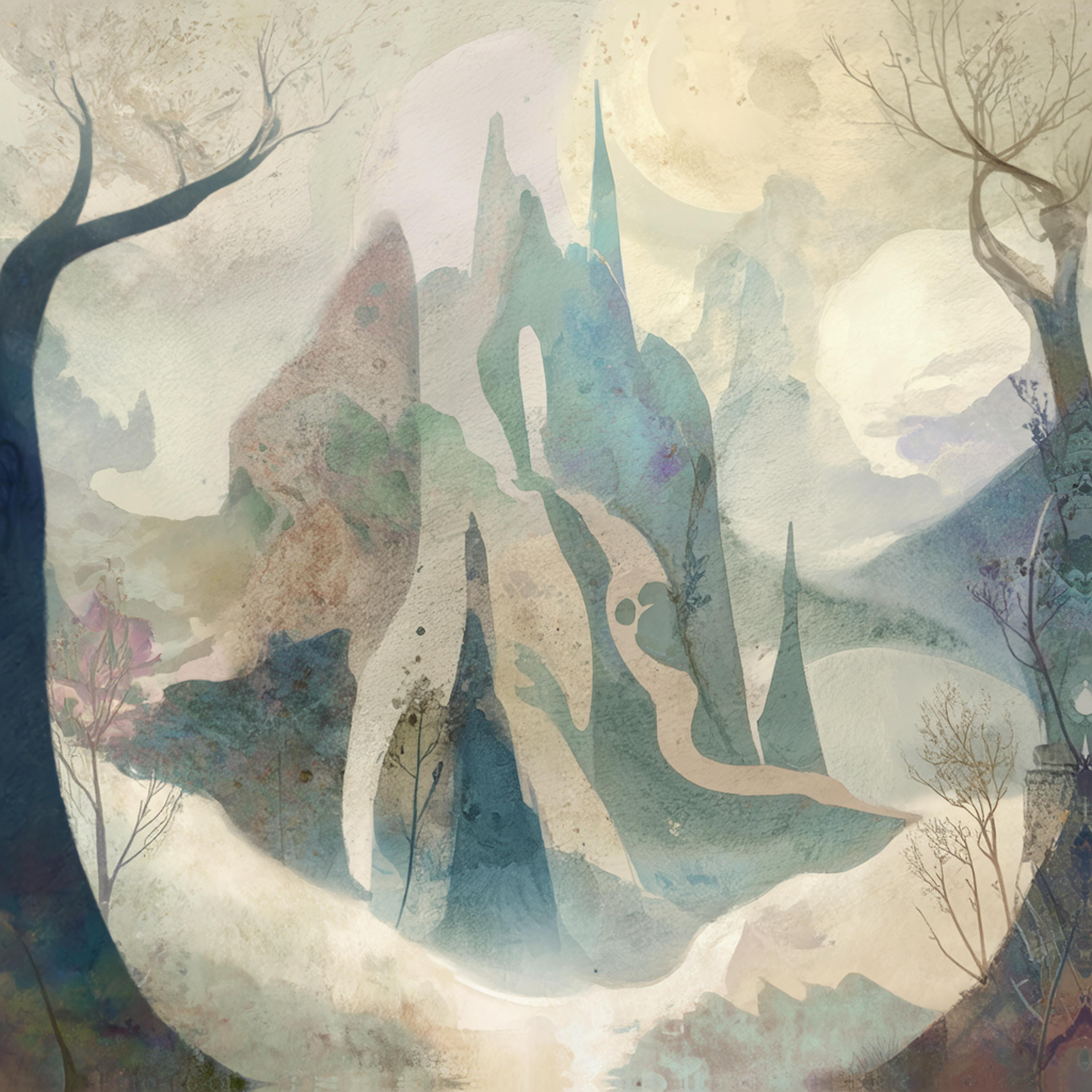 A dreamy landscape painting with jagged mountains, swirling mist, and soft pastel hues. The intricate layering of textures and abstract shapes highlights the variety principle of design art, adding depth and movement to the composition.