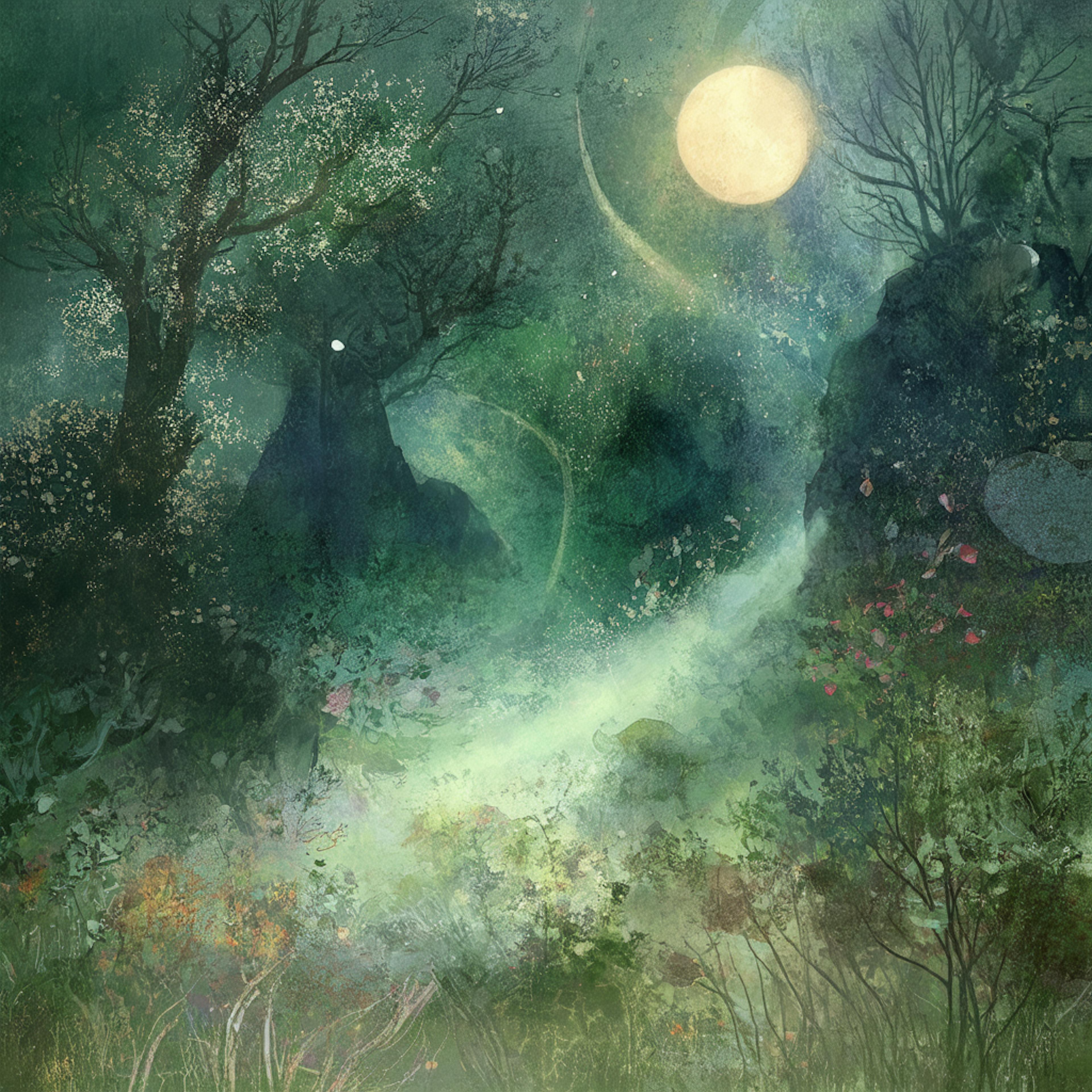 A mystical nighttime forest scene bathed in soft moonlight, with lush foliage, glowing particles, and a winding path. The interplay of organic forms, detailed textures, and contrasting shades illustrates the variety principle of design art, making the artwork feel immersive and enchanting.