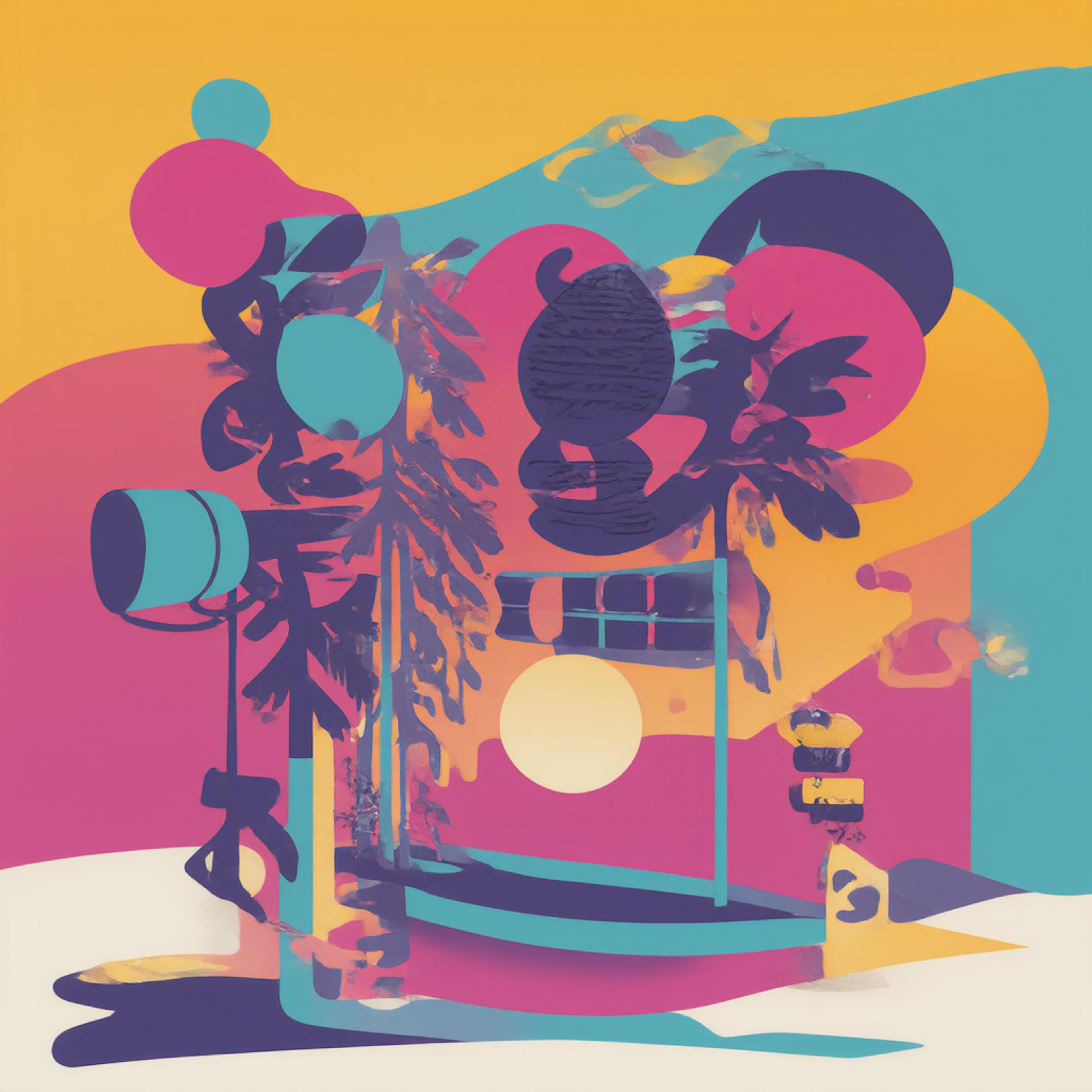 A surreal and colorful digital artwork depicting an abstract outdoor scene with floating shapes, palm trees, and a glowing sun. The vivid composition symbolizes the creativity and artistic direction involved in video production services.