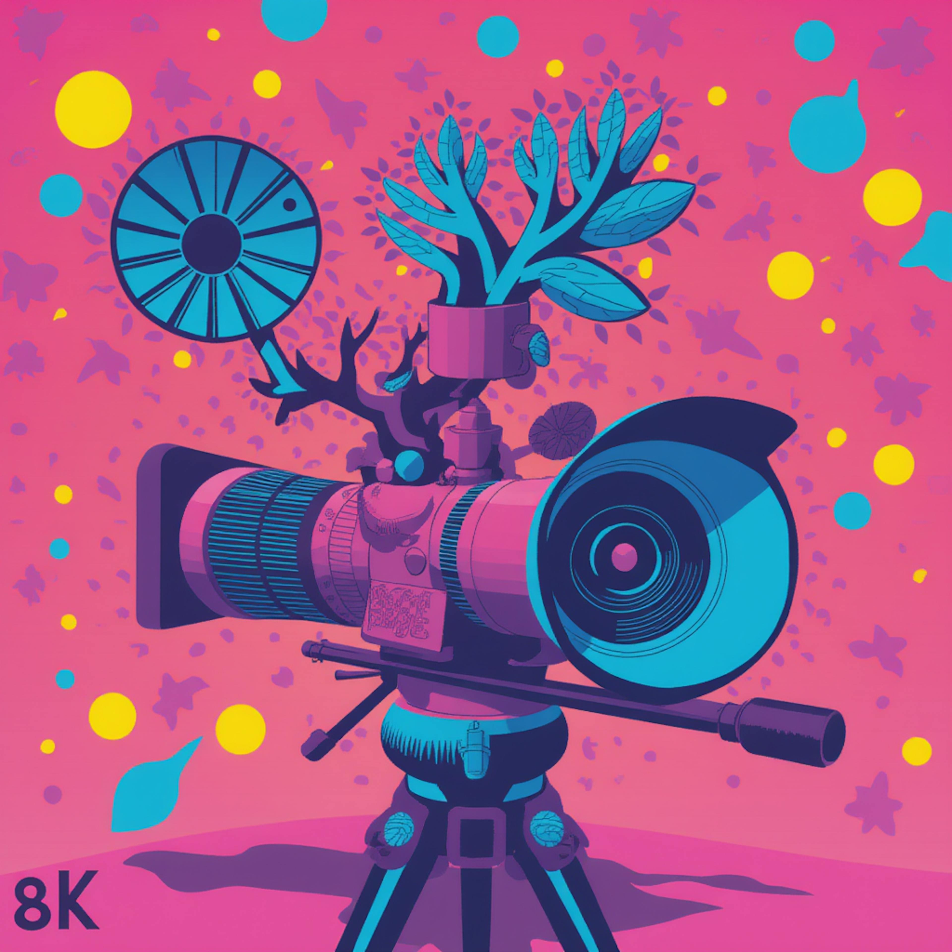 A futuristic camera setup with intricate details, mechanical elements, and plant-like structures growing from it. The bold neon colors and imaginative design represent the innovation and high-quality technology used in modern video production services.