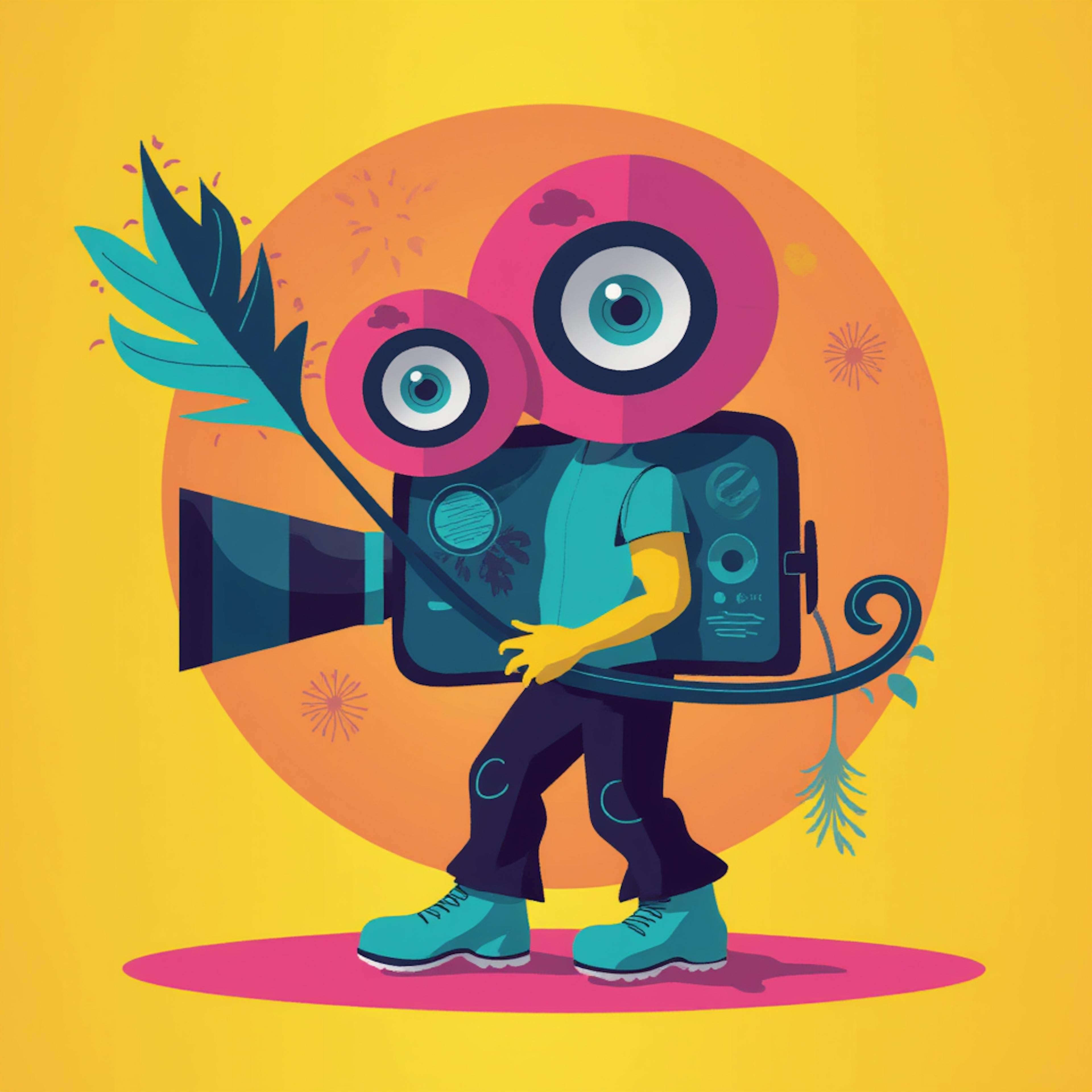 A whimsical character with large, camera-like eyes and a body resembling a film camera, holding a vine-like element. The vibrant, playful illustration captures the essence of dynamic storytelling and creativity in video production services.