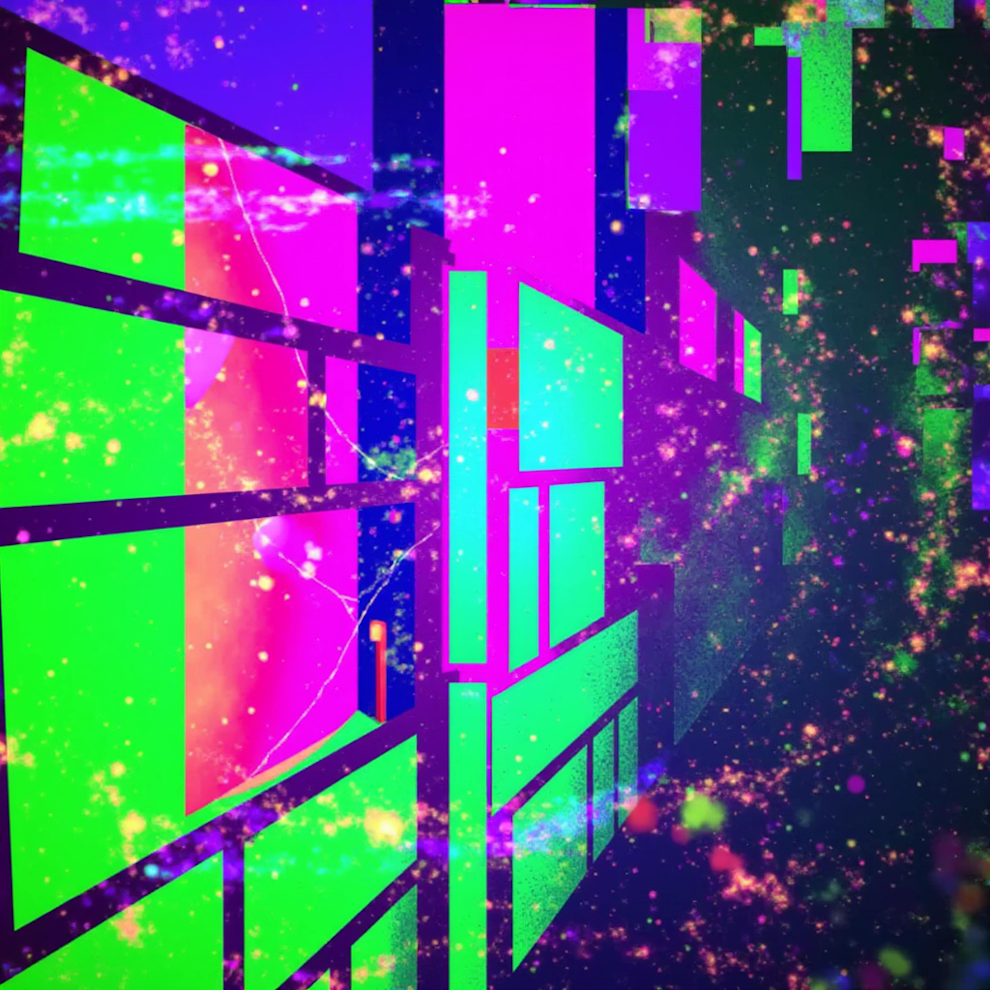 glitch-inspired digital scene with neon green, pink, and purple panels forming an abstract cityscape. The scattered cosmic textures and fragmented shapes showcase a dynamic blend of visual design elements, creating a cyberpunk aesthetic.