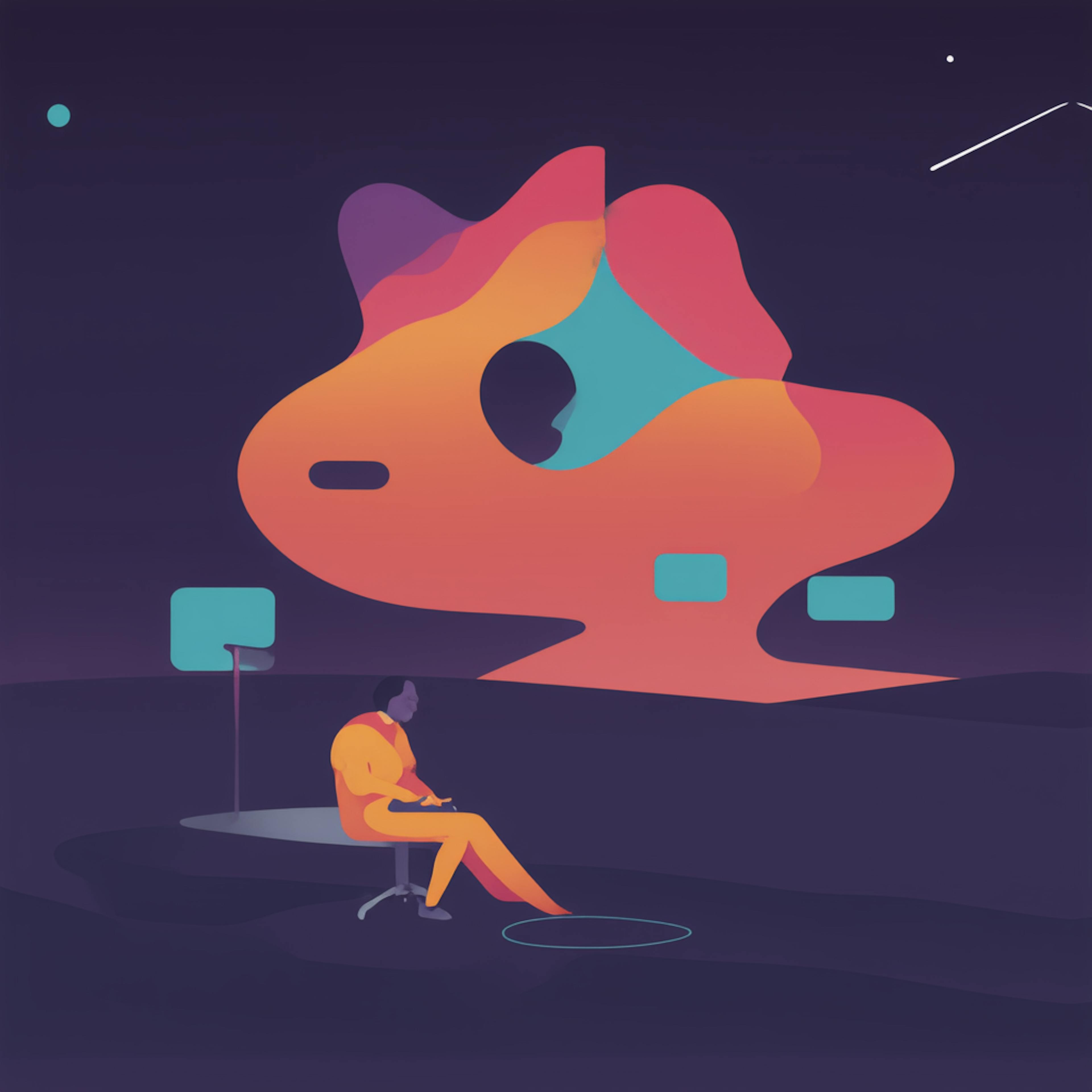 A digital illustration of a person in an orange suit sitting in a virtual space, surrounded by floating abstract UI elements. The conceptual design highlights what makes a good landing page, emphasizing modern aesthetics, user flow, and interactive design principles.