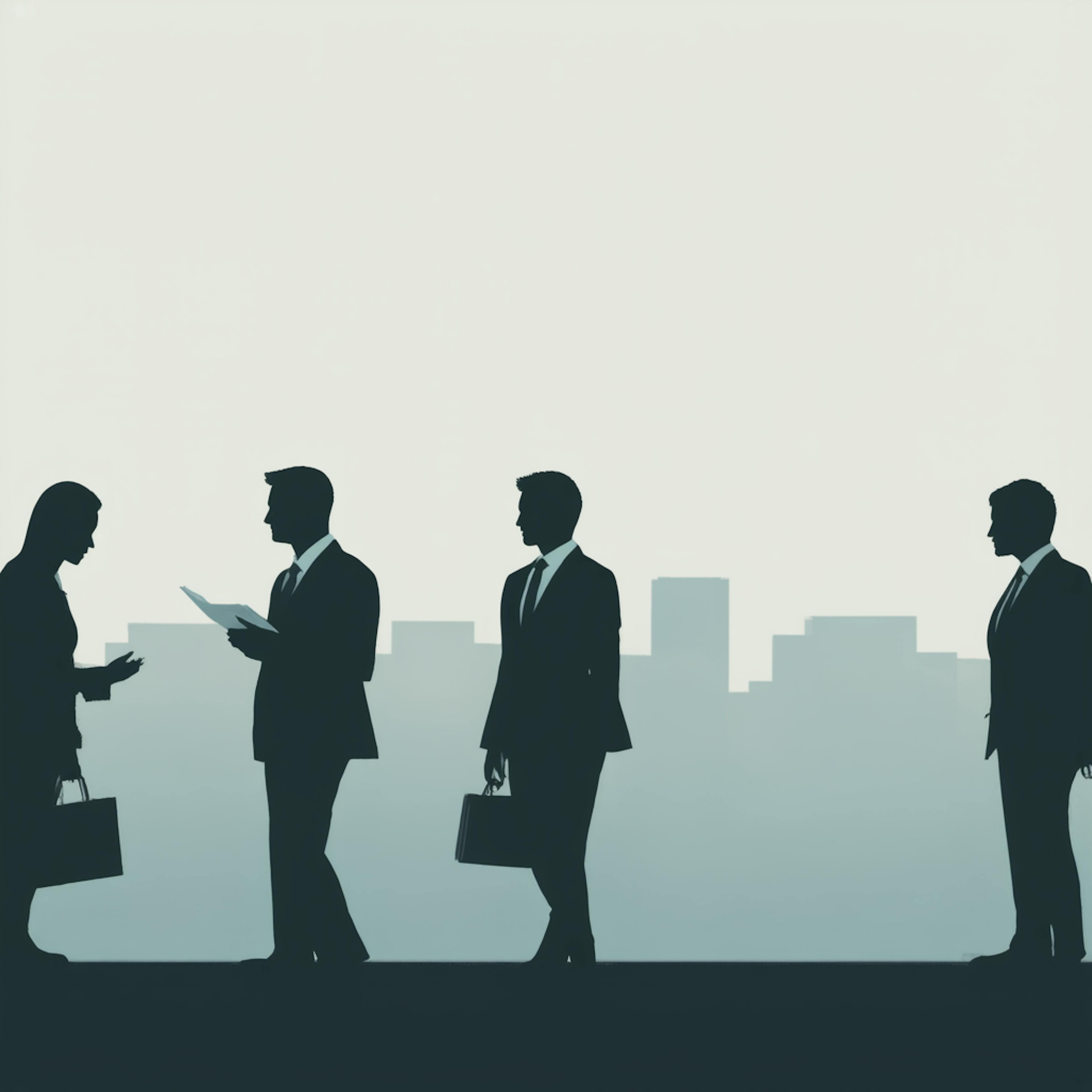 A monochromatic silhouette illustration of business professionals engaged in discussion against a city skyline backdrop. The minimalistic aesthetic aligns with the concept of white label design, where adaptable, professional visuals seamlessly integrate into any brand identity.