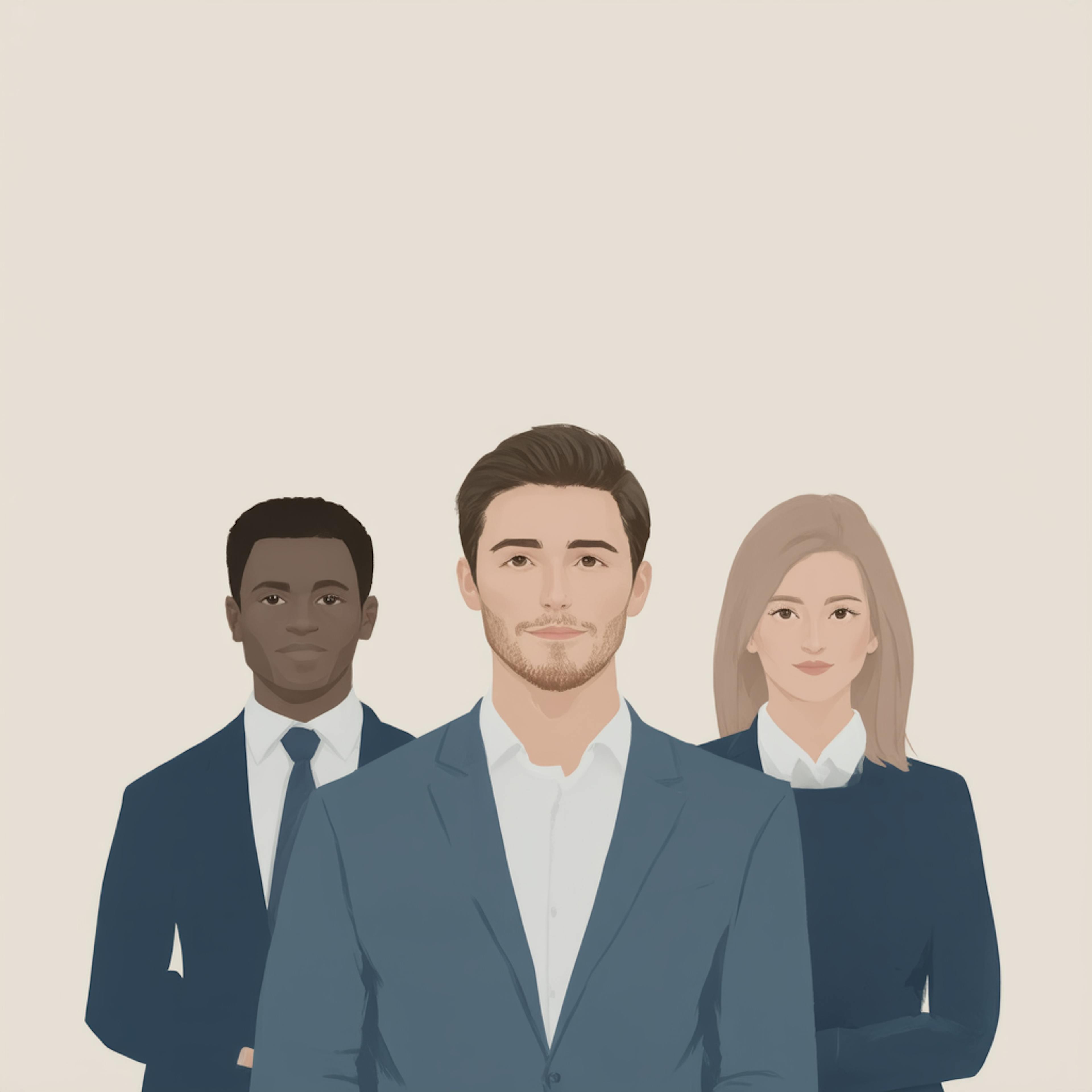 A digital illustration of three business professionals in formal attire, standing confidently in a minimalistic composition. The clean and neutral color palette represents the flexibility of white label design, allowing brands to personalize visual identities effortlessly.